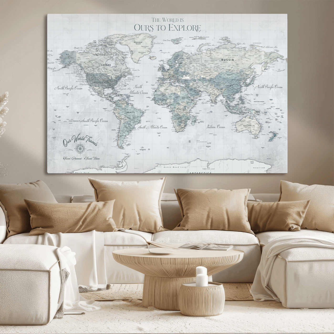 94249974-MGV-CV-36X24-Ours Explore World Map Wall Art – Modern Travel Canvas Print, Neutral Adventure Decor for Living Room, Office, Study, Bedroom,