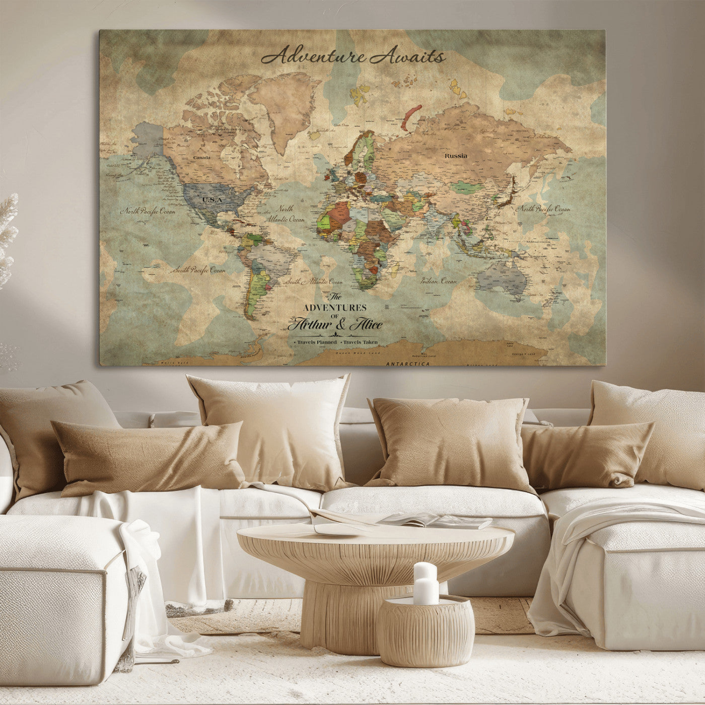 60798273-MGV-CV-36X24-Personalized World Map Wall Art – Rustic Watercolor Adventure Travel Map with Custom Names, Push Pin Canvas for Couples, Family,