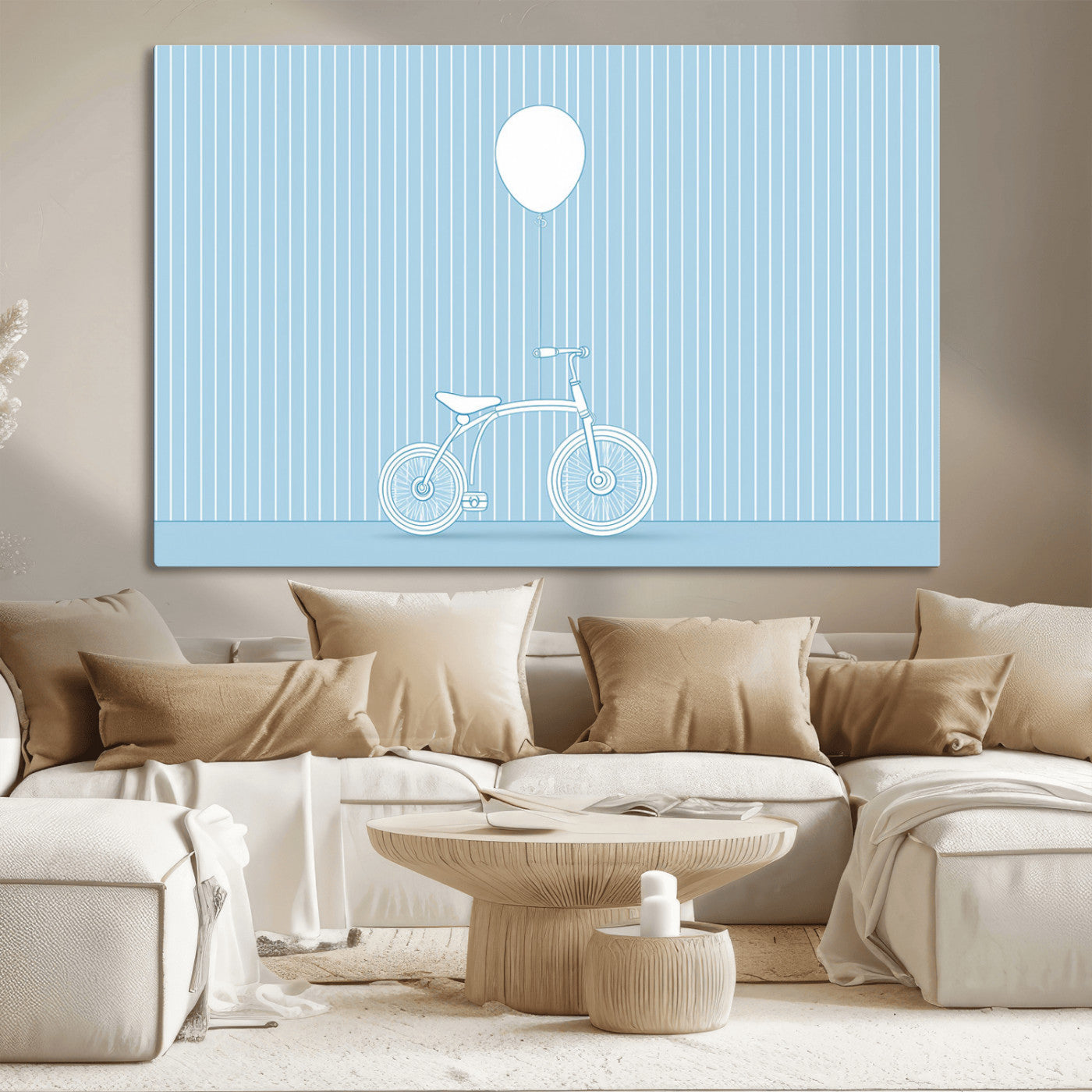 56479838-MGV-CV-36X24-Bicycle Wall Art – Minimalist Blue Canvas Print with Balloon Illustration, Modern Decor Artwork for Kids Room, Nursery, or Living