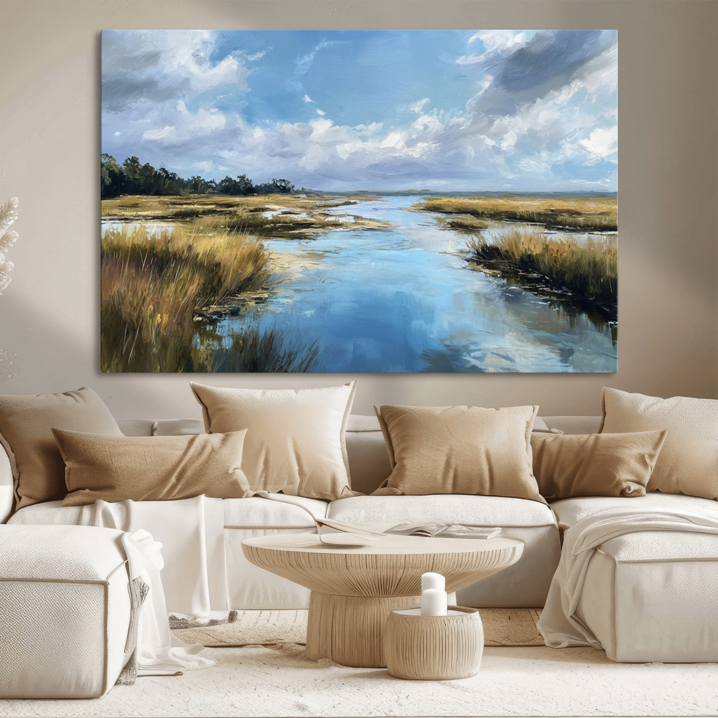 87082041-MGV-CV-36X24-Painted Marshland Canvas Wall Art – Serene Water Reflection, Blue Sky, Golden Grass Landscape, Calm Nature Decor for Home, Office,