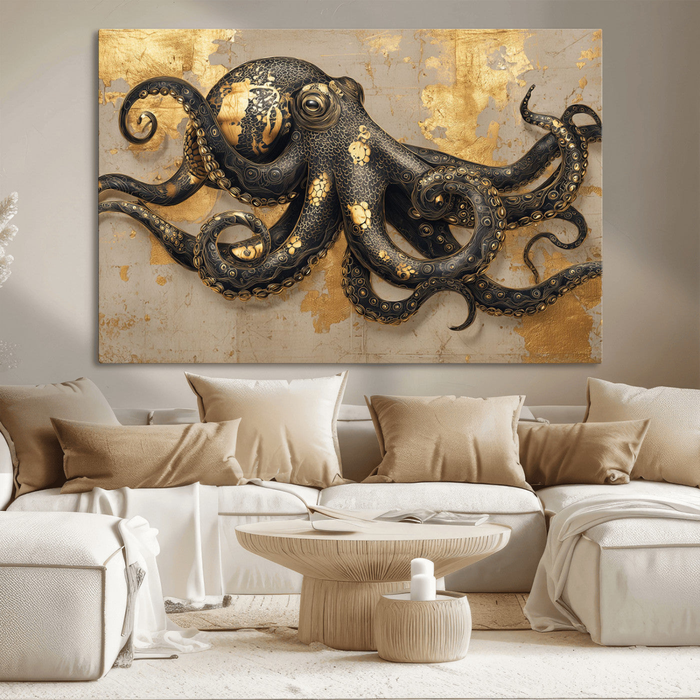 57944271-MGV-CV-36X24-Octopus Wall Art – Black and Gold Nautical Canvas Print, Modern Ocean Inspired Artwork with Elegant Detailing, Coastal Marine