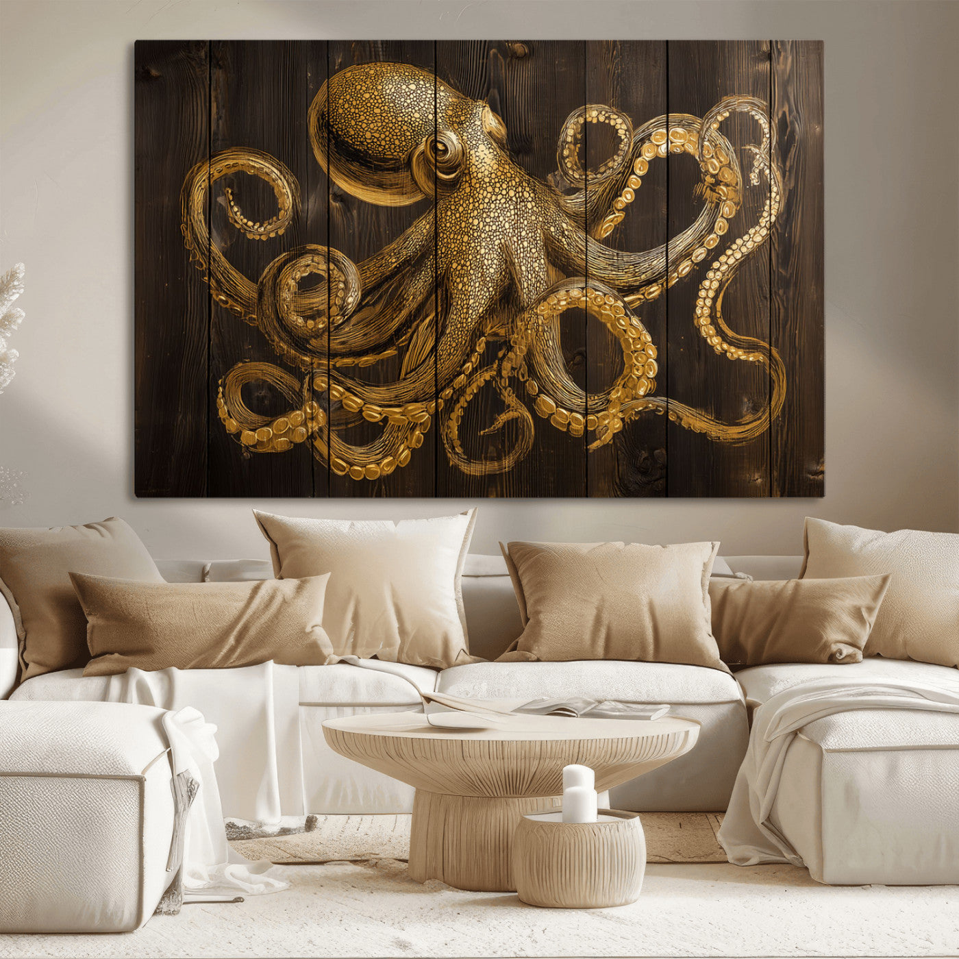 56769669-MGV-CV-36X24-Octopus Wall Art – Gold Nautical Canvas Print with Rustic Wood Panel Design, Detailed Marine Artwork for Coastal Ocean Decoration