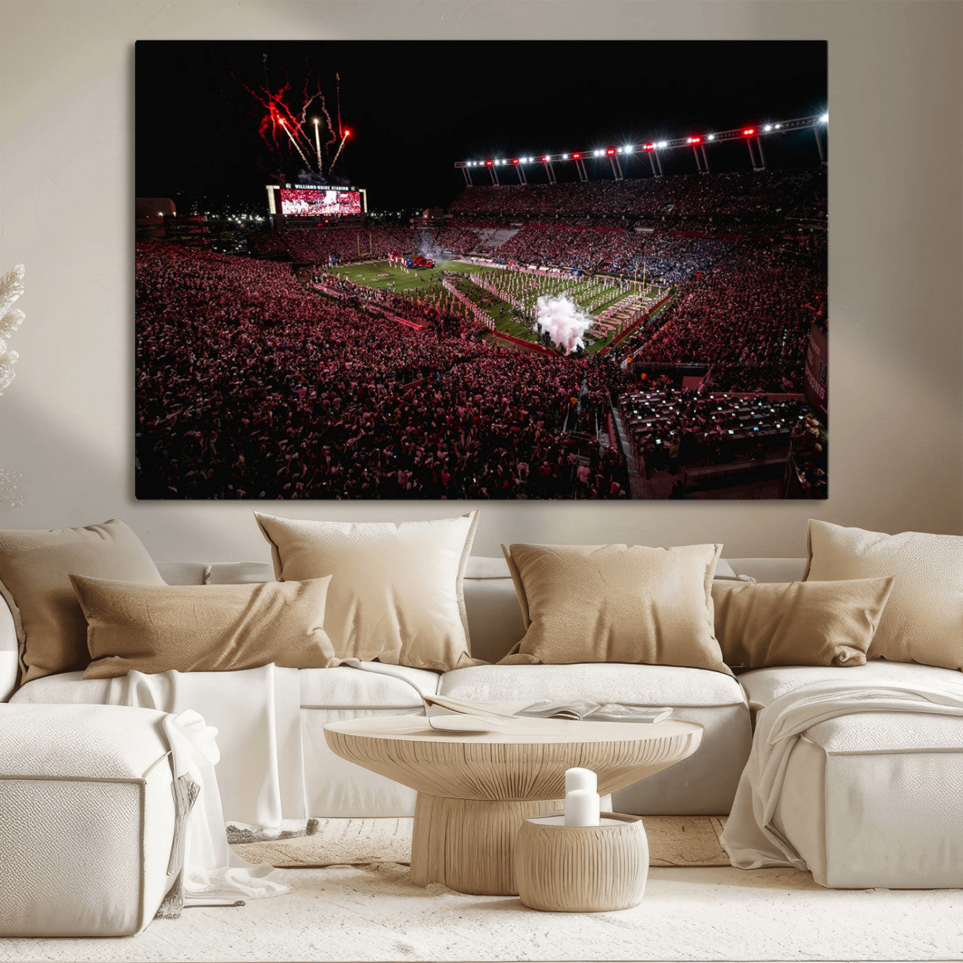 60690191-MGV-CV-36X24-Stadium Wall Art – Night Game Football Canvas Print with Fireworks, Marching Band and Crowd, Panoramic Sports Photography for Man