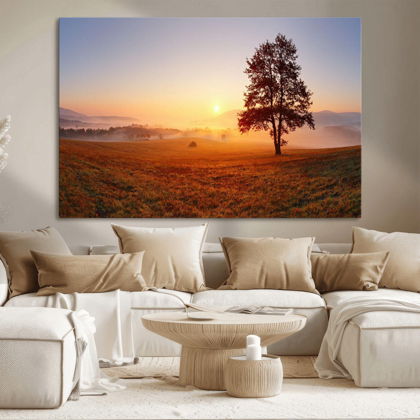 57919623-MGV-CV-36X24-Sunrise Landscape Wall Art – Golden Morning Canvas Print with Tree, Misty Hills and Open Field, Peaceful Nature Photography for