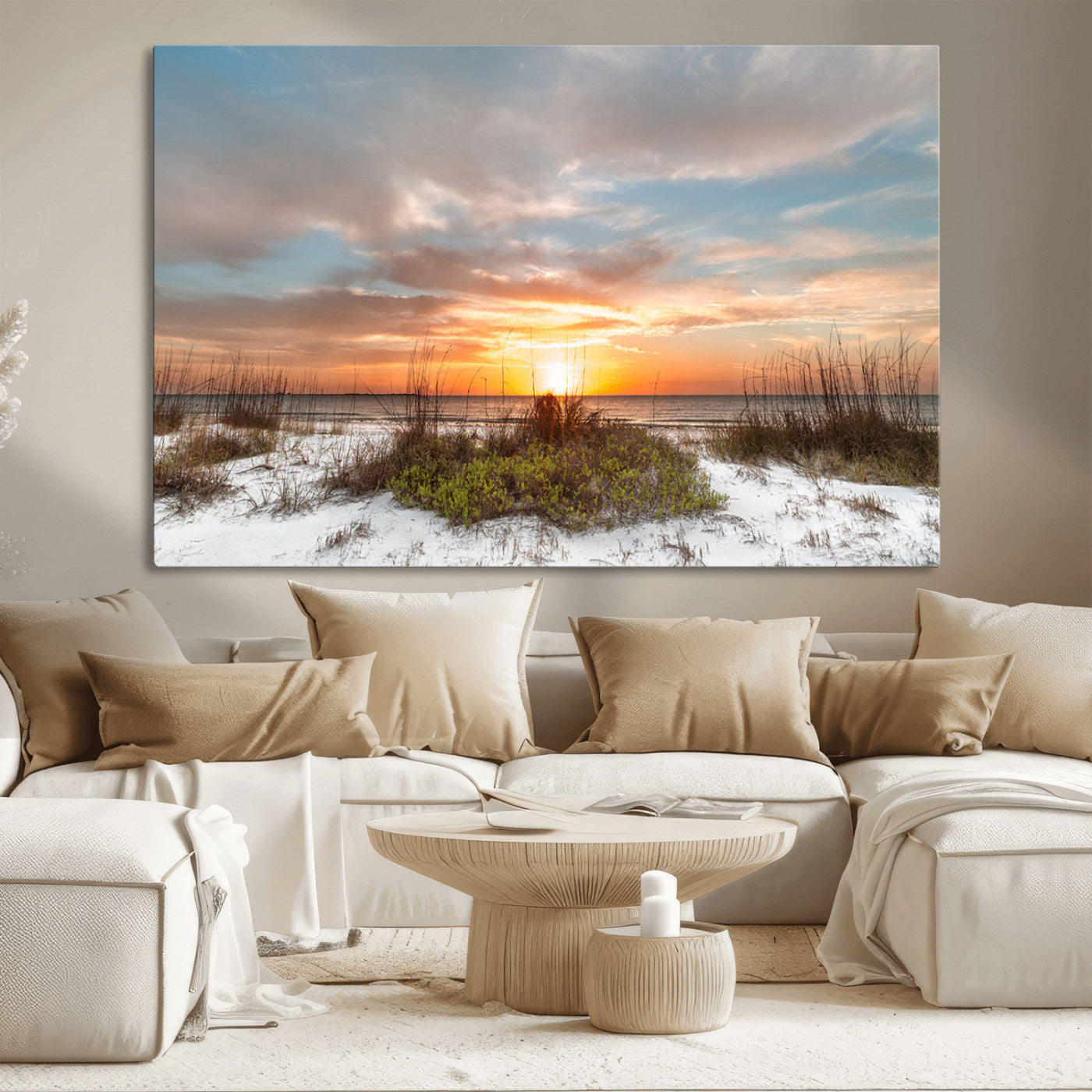 58266230-MGV-CV-36X24-Beach Sunset Wall Art – Coastal Canvas Print with Sandy Dunes, Sea Grass and Golden Sky, Serene Ocean Landscape Photography for
