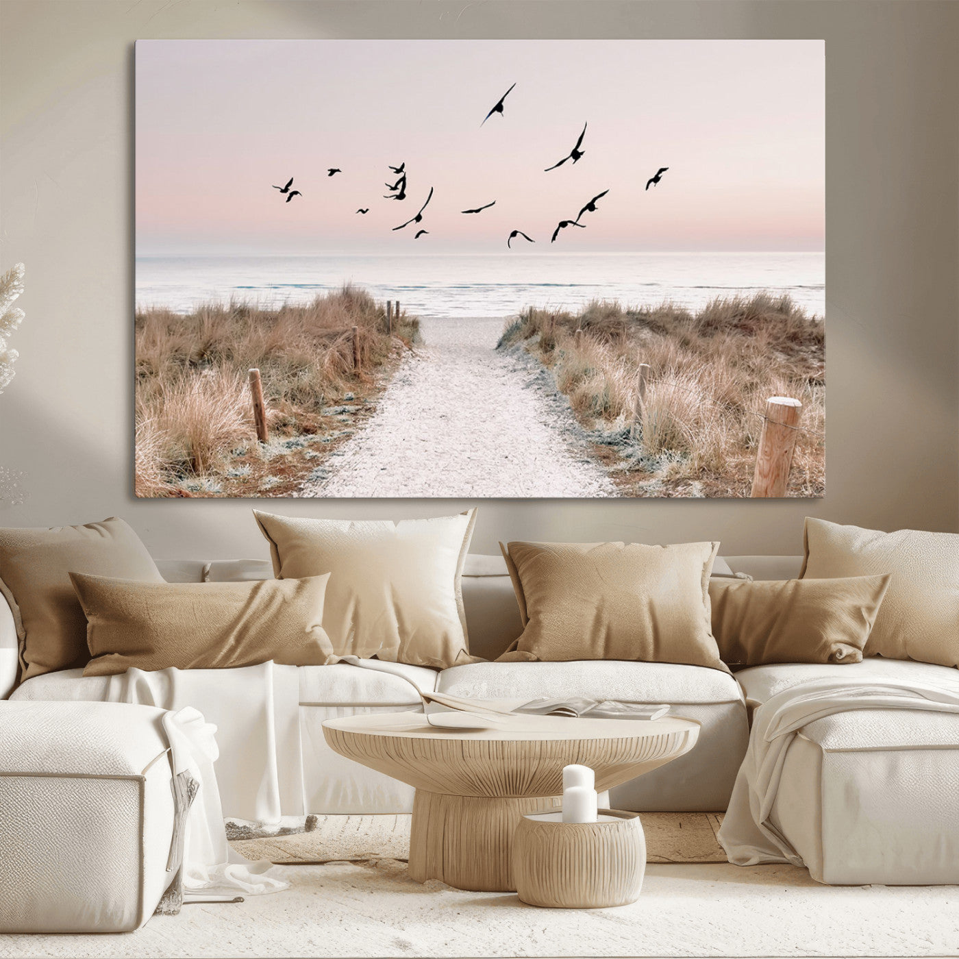 34632598-MGV-CV-36X24-Coastal Pathway Canvas Wall Art – Framed Seaside Landscape, Large Beach and Birds Canvas Print for Home, Office, or Living Room