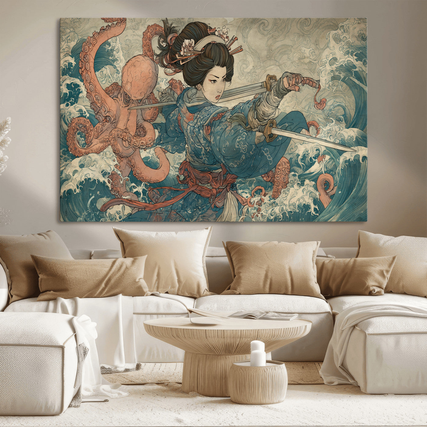52037775-MGV-CV-36X24-Tsukioka Yoshitoshi Samurai Wall Art Print, Japanese Katana Warrior Canvas Wall Art, Octopus Sea Monster Canvas Print,