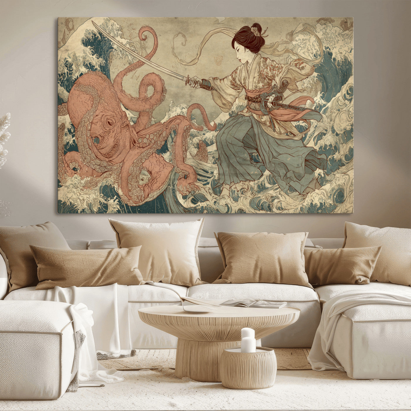 54879547-MGV-CV-36X24-Tsukioka Yoshitoshi Samurai Wall Art Print, Japanese Katana Warrior Canvas Wall Art, Octopus Sea Monster Canvas Print,