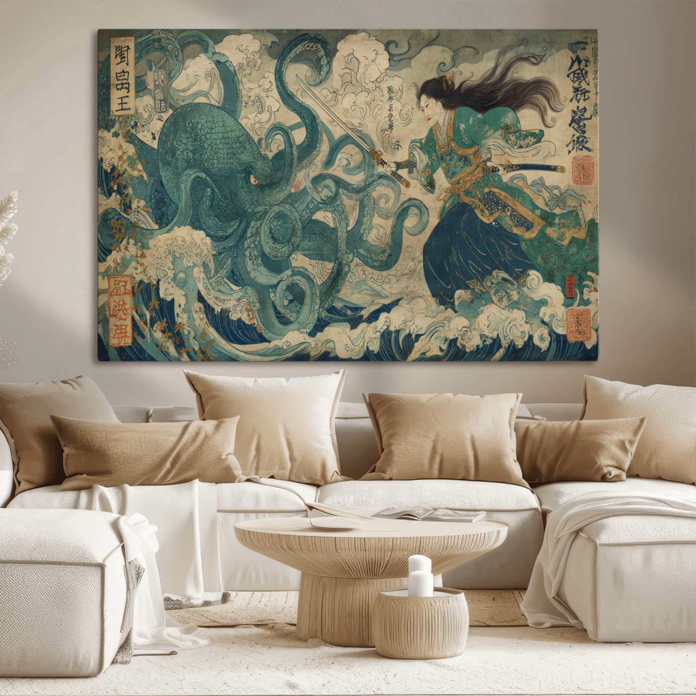 60346622-MGV-CV-36X24-Tsukioka Yoshitoshi Samurai Wall Art Print, Japanese Katana Warrior Canvas Wall Art, Octopus Sea Monster Canvas Print,