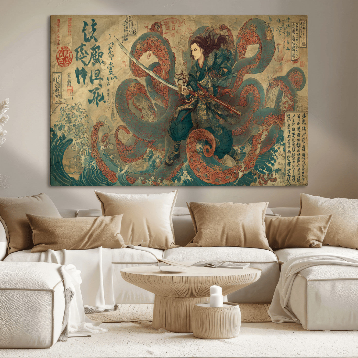 98593115-MGV-CV-36X24-Tsukioka Yoshitoshi Samurai Wall Art Print, Japanese Katana Warrior Canvas Wall Art, Octopus Sea Monster Canvas Print,
