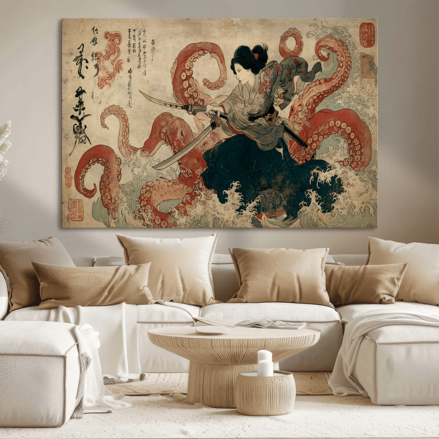 50812504-MGV-CV-36X24-Samurai Woman vs Octopus Wall Art – Japanese Ukiyo-e Red Tentacle Canvas Print, Ocean Battle Artwork for Living Room, Office, Man