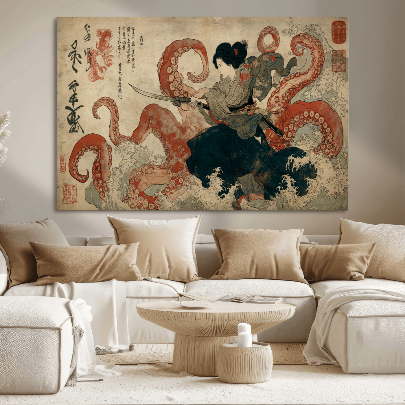 82737246-MGV-CV-36X24-Samurai Woman vs Octopus Wall Art – Japanese Ukiyo-e Dual Sword Canvas Print, Red Tentacle Ocean Battle Artwork for Living Room,