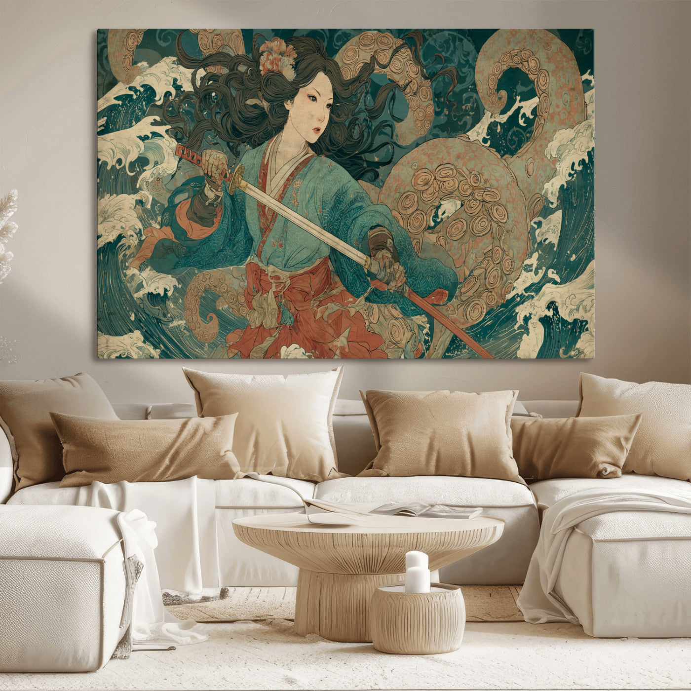 79740258-MGV-CV-36X24-Tsukioka Yoshitoshi Samurai Wall Art Print, Japanese Katana Warrior Canvas Wall Art, Octopus Sea Monster Canvas Print,