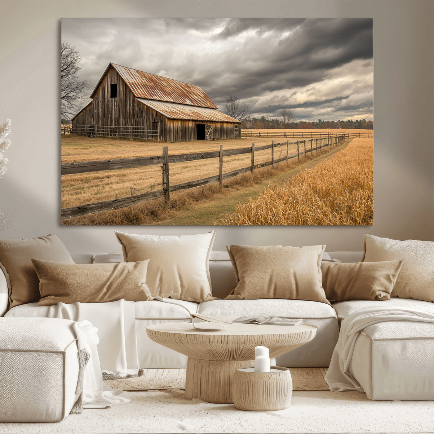21991117-MGV-CV-36X24-Rustic Barn Wall Art – Weathered Farmhouse Canvas Print, Stormy Sky and Golden Field Photography Decor for Bedroom, Living Room,