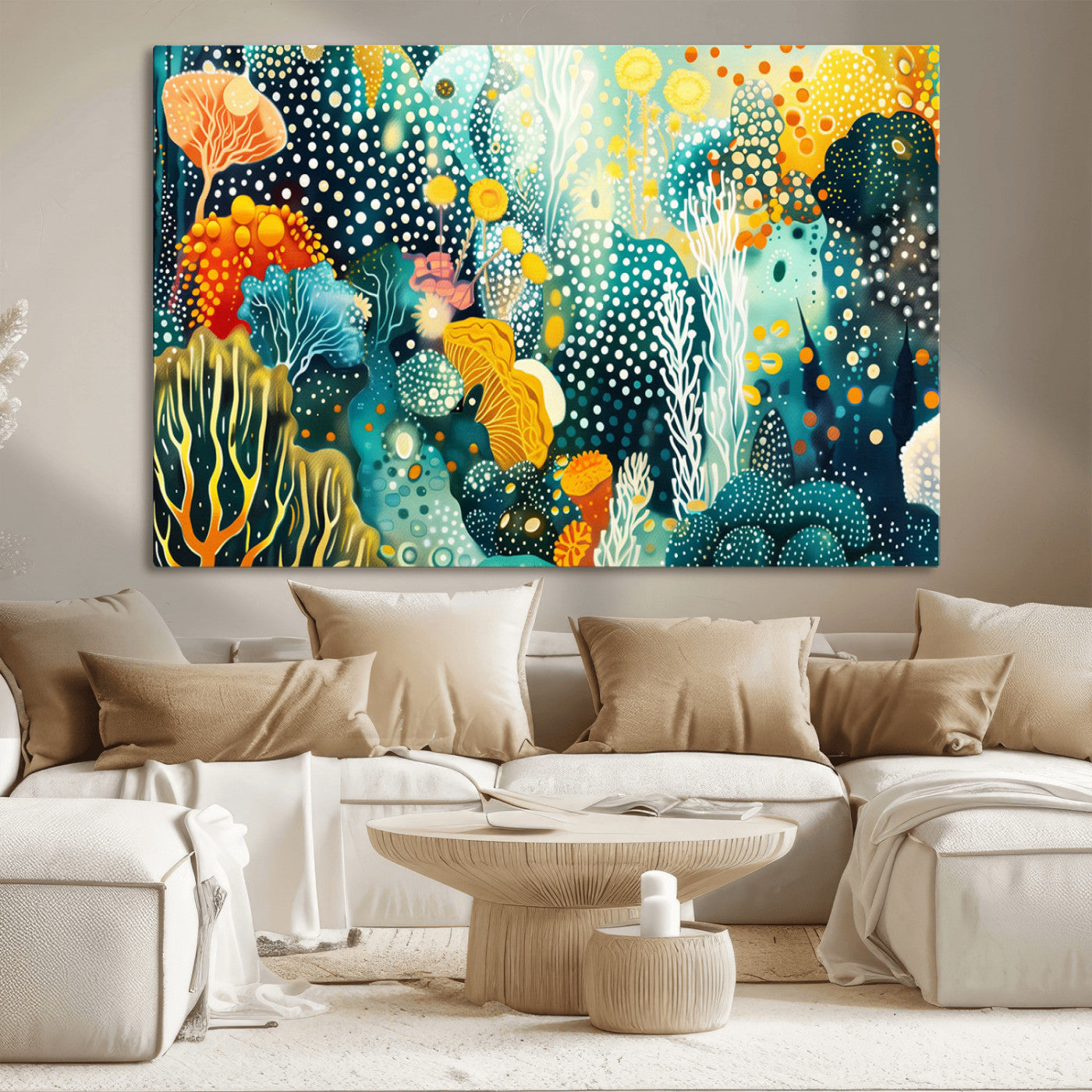 61631606-MGV-CV-36X24-Abstract Coral Reef Wall Art – Colorful Ocean Inspired Print with Vibrant Blue, Yellow, and Orange, Modern Coastal Decor for Home