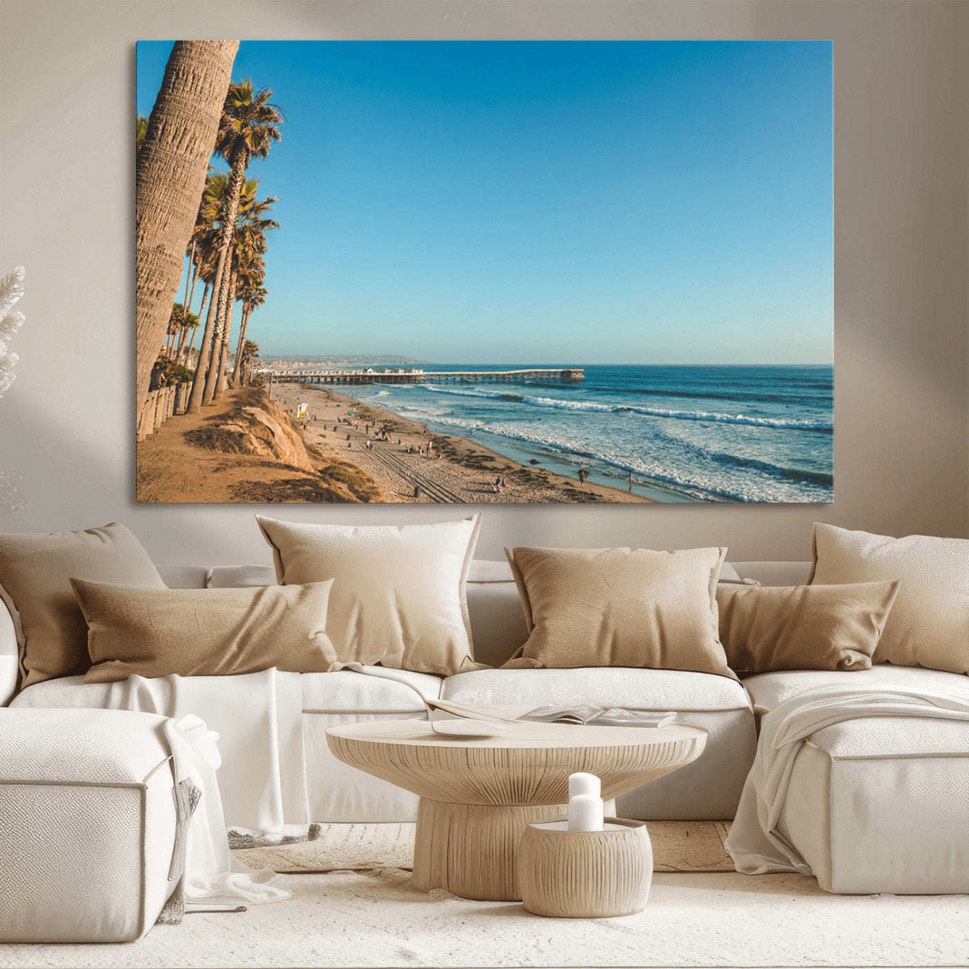 92568259-MGV-CV-36X24-California Beach Wall Art – Palm Tree Pier Canvas Print, Coastal Ocean Photography Seaside Decor for Living Room, Bedroom, Office,