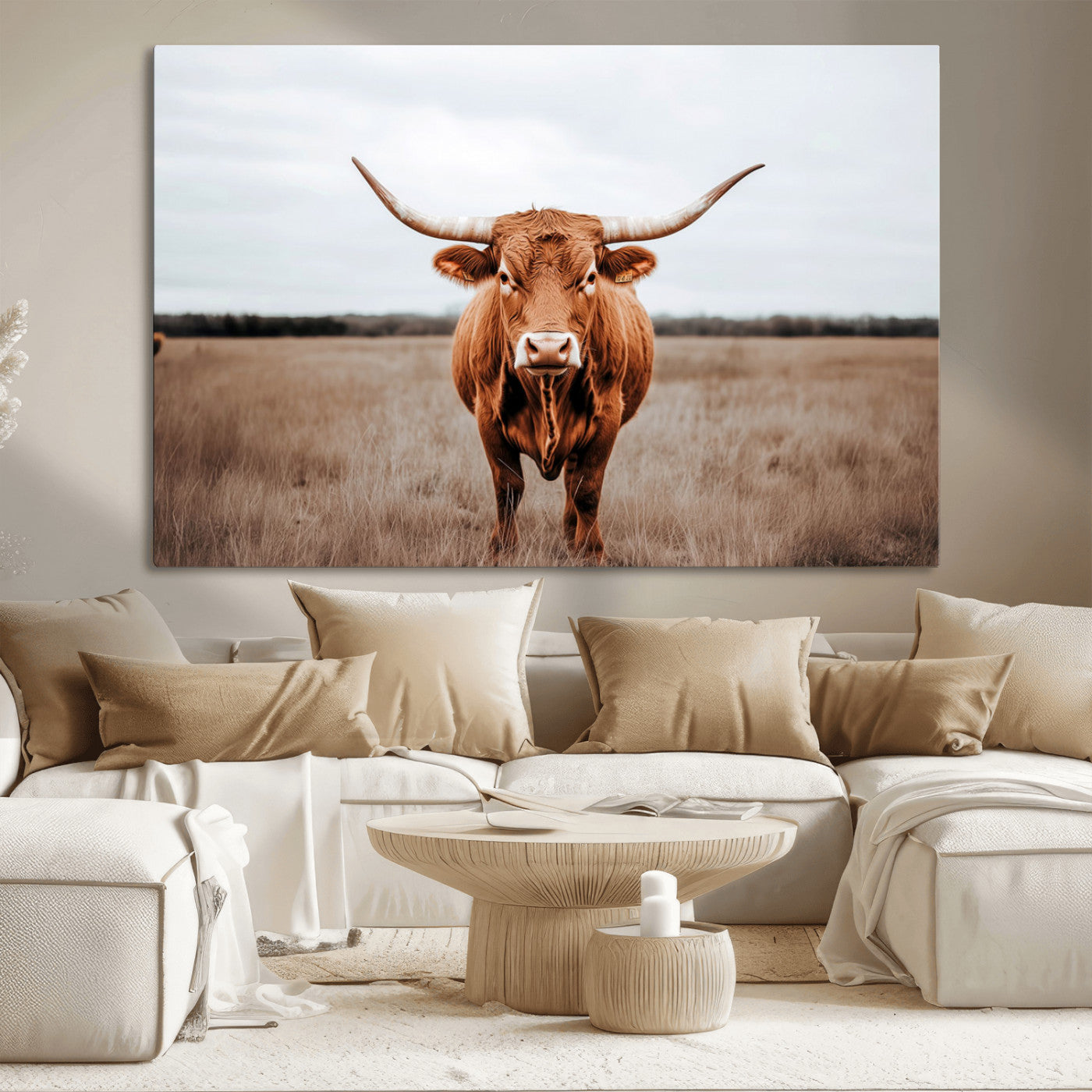 16316734-MGV-CV-36X24-Texas Longhorn Wall Art – Rustic Bull Portrait Canvas Print, Western Farmhouse Animal Photography Decor for Living Room, Office,