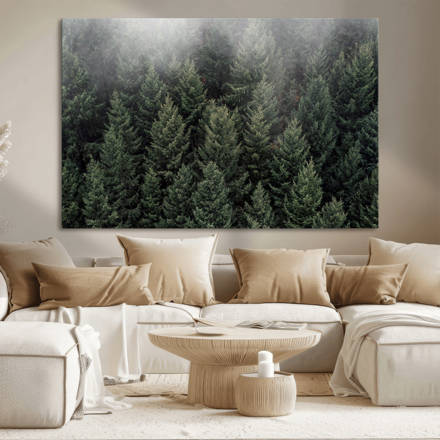 84059409-MGV-CV-36X24-Forest Wall Art – Misty Evergreen Trees Canvas Print, Tranquil Nature Photography Decor for Bedroom, Living Room, Office, Cabin or