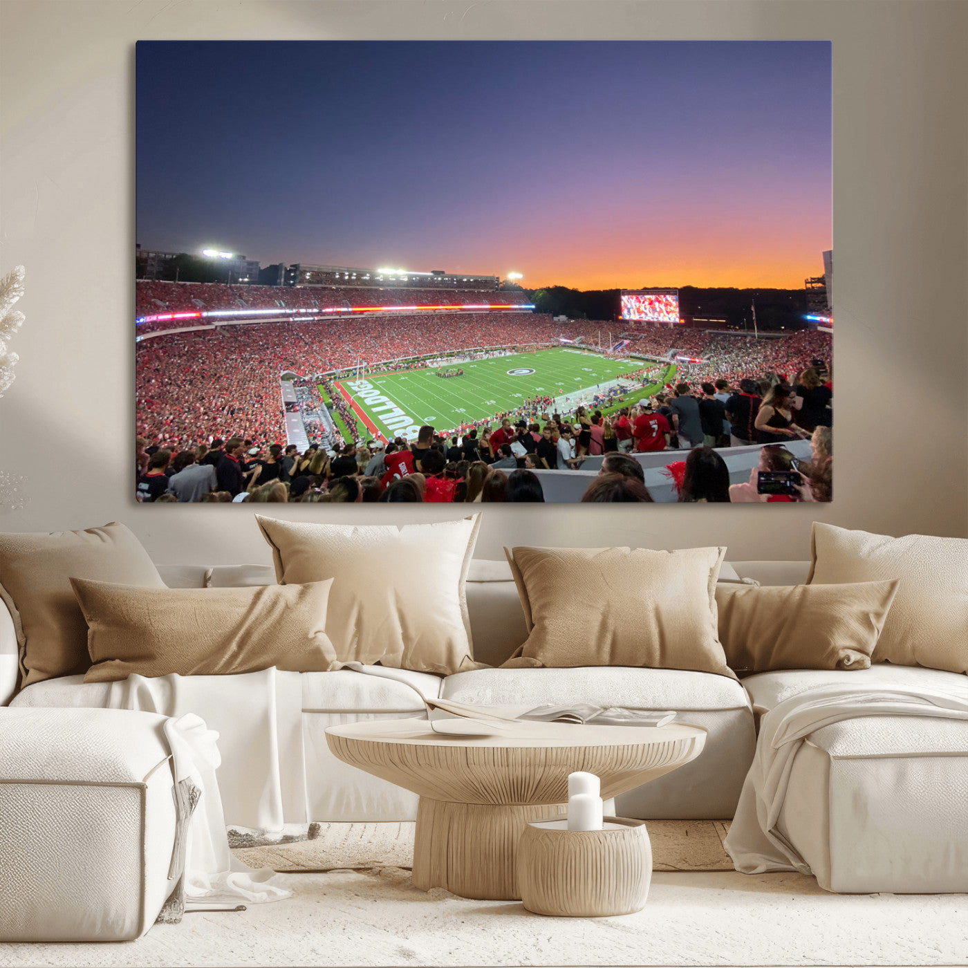 25139565-MGV-CV-36X24-Sanford Stadium Wall Art – Panoramic Georgia Bulldogs Sunset Football Game Canvas Print, Red Crowd Sports Decor for Office, Man