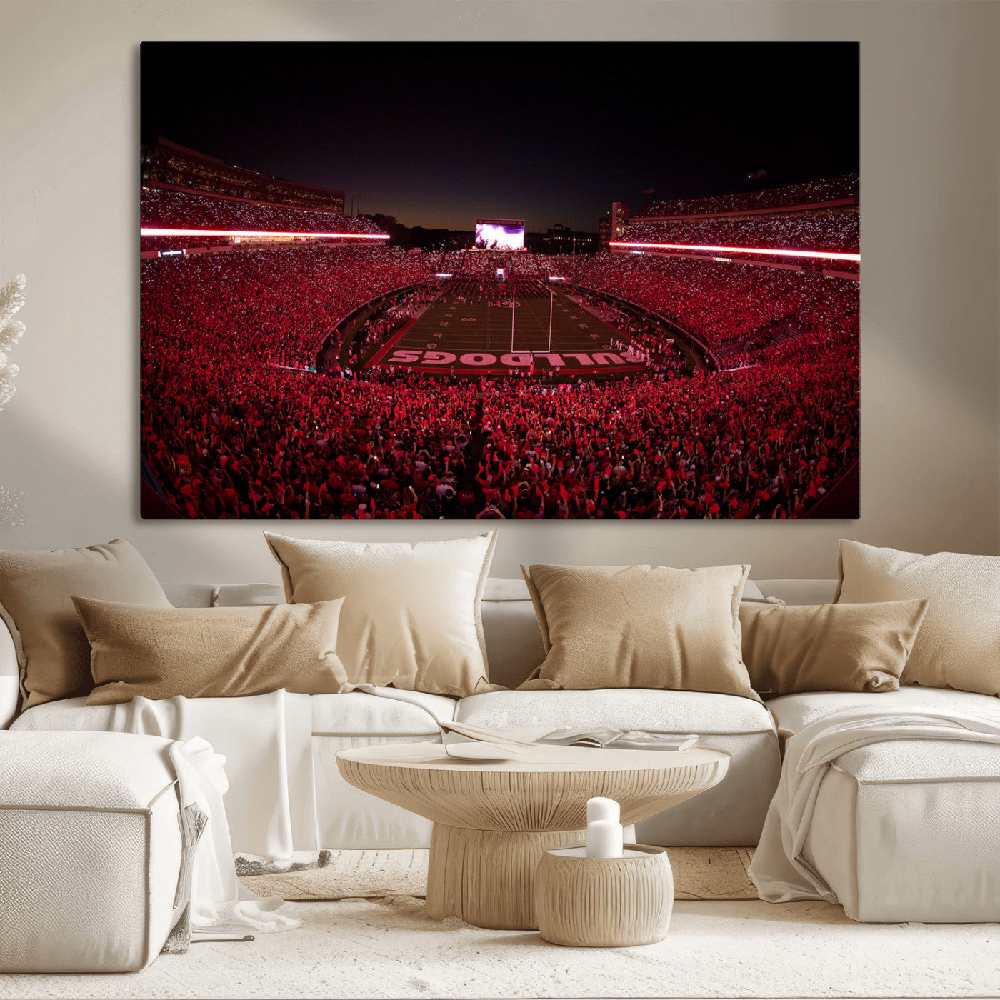 38331045-MGV-CV-36X24-Sanford Stadium Wall Art – Panoramic Georgia Bulldogs Red Light Game Football Canvas Print, Night Crowd Sports Decor for Office,