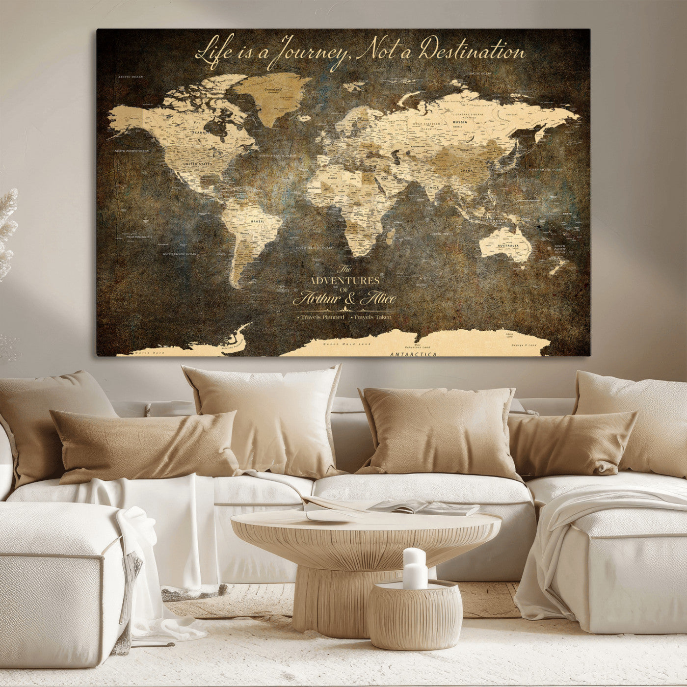 13394308-MGV-CV-36X24-Personalized World Map Wall Art – Dark Rustic Vintage Adventure Travel Map with Custom Couple Names, Timeless Wall Decor for Home