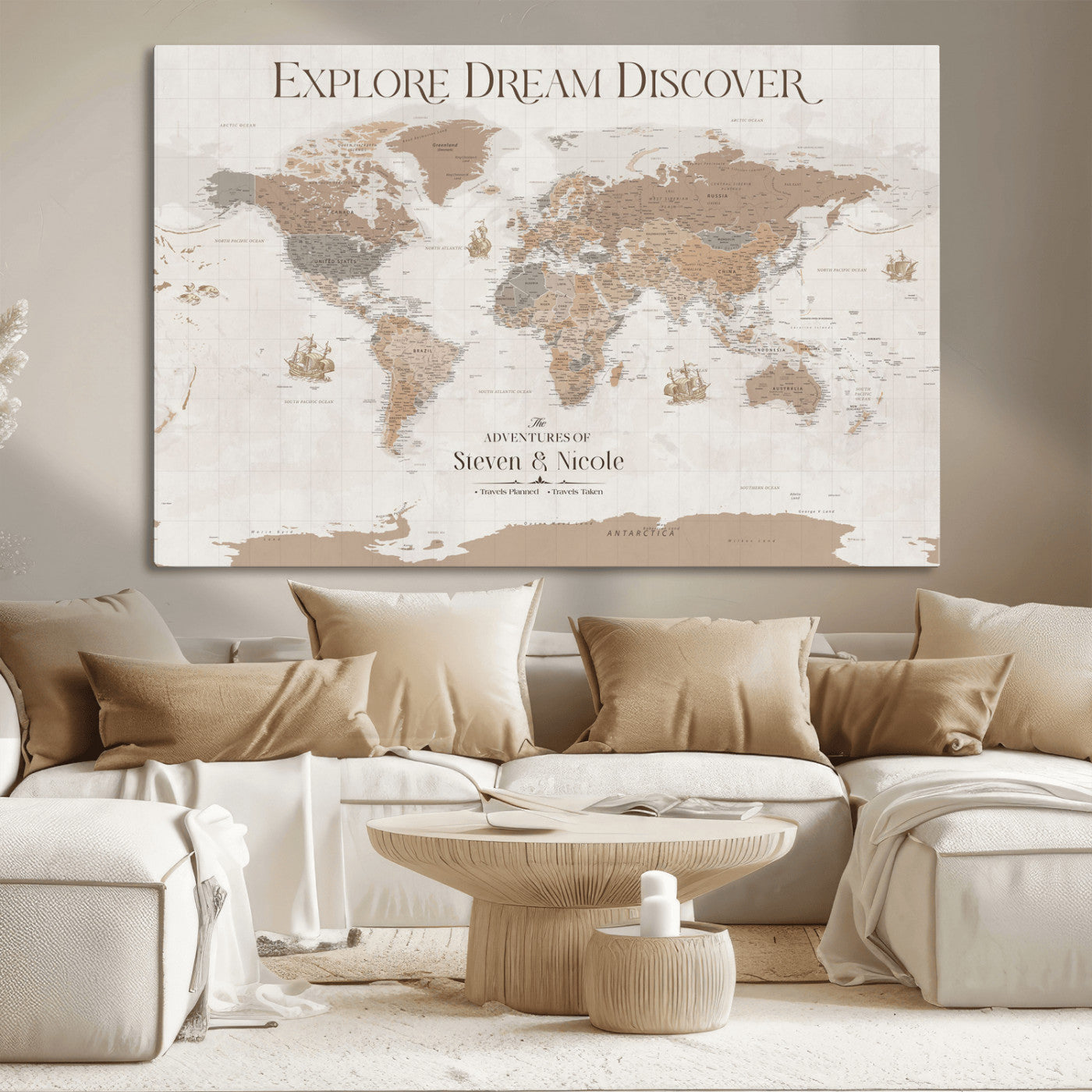 56148717-MGV-CV-36X24-Personalized World Map Wall Art – Neutral Beige & Brown Vintage Adventure Travel Map with Custom Couple Names, Classic Wall Decor