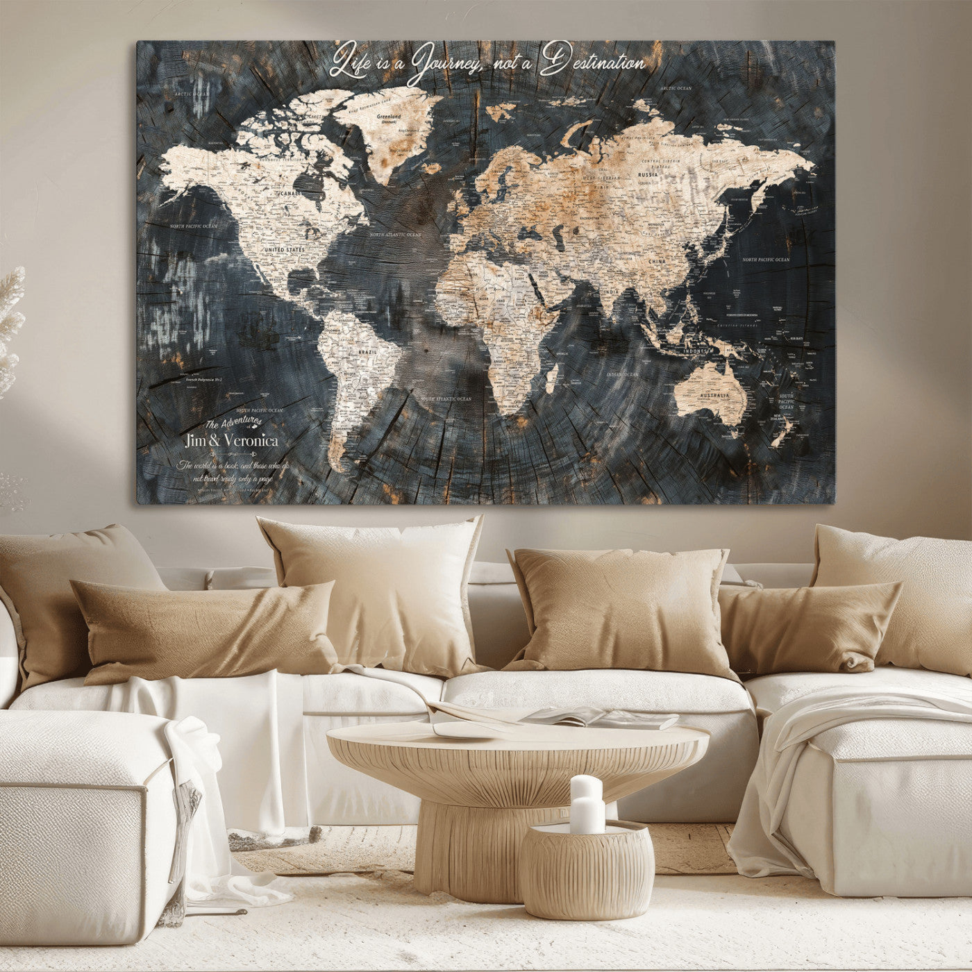 55548943-MGV-CV-36X24-Personalized World Map Wall Art – Rustic Wood Texture Adventure Travel Map with Custom Couple Names, Vintage Dark Wall Decor for