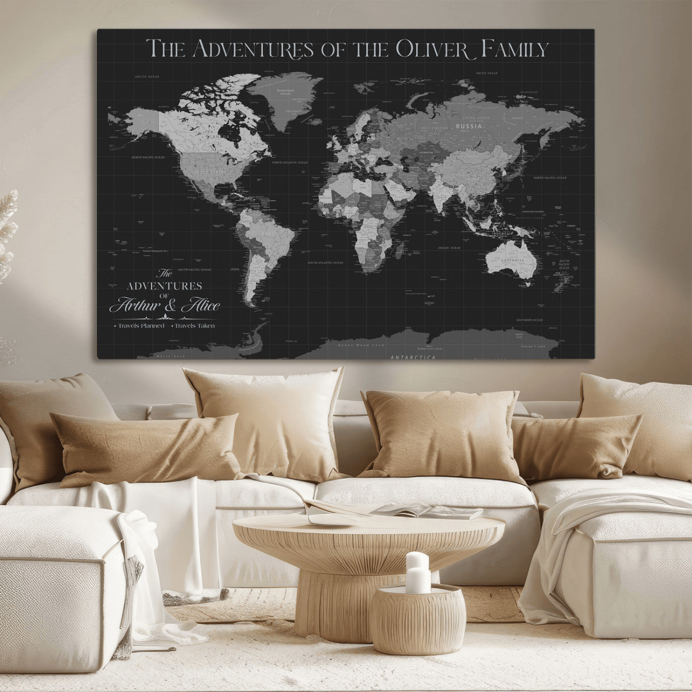 46064114-MGV-CV-36X24-Personalized World Map Wall Art – Black & Grey Adventure Travel Map with Custom Family or Couple Names, Modern Wall Decor for Home