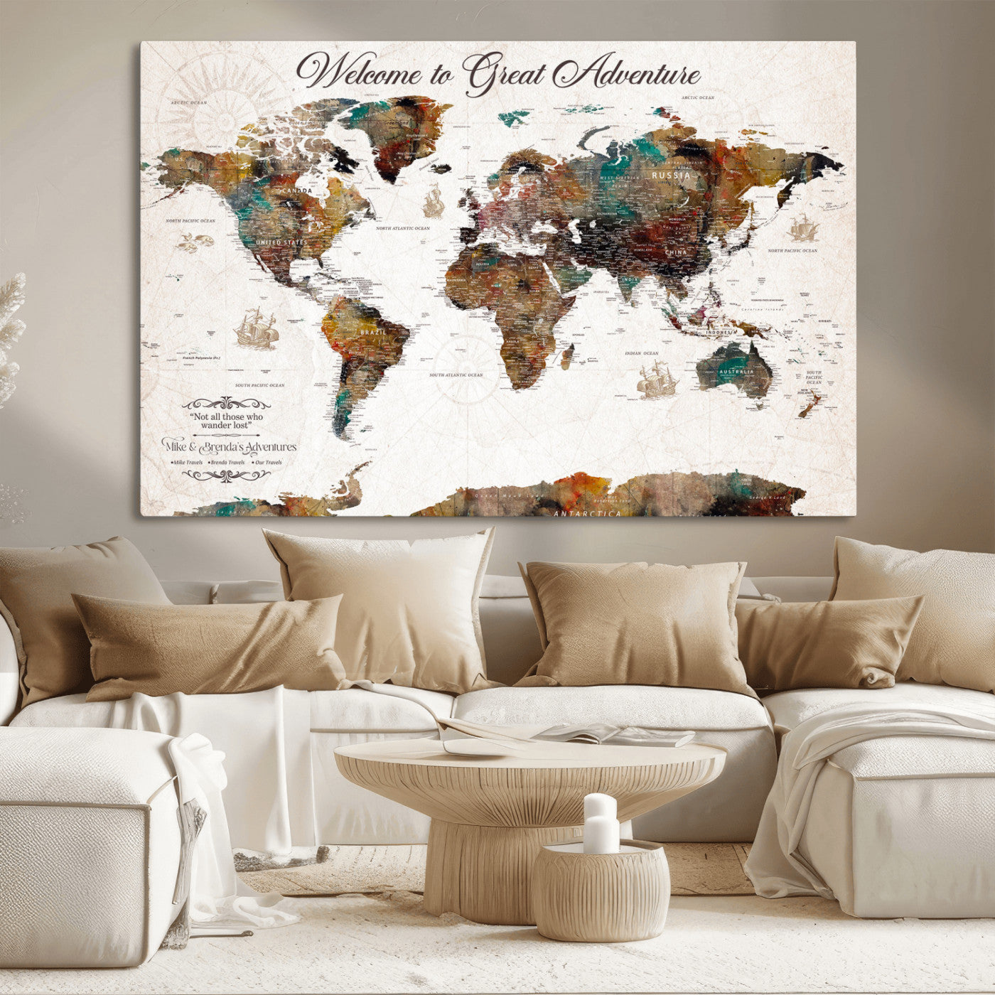 67029173-MGV-CV-36X24-Personalized World Map Wall Art – Colorful Vintage Adventure Travel Map with Custom Couple Names, Rustic Wall Decor for Home,