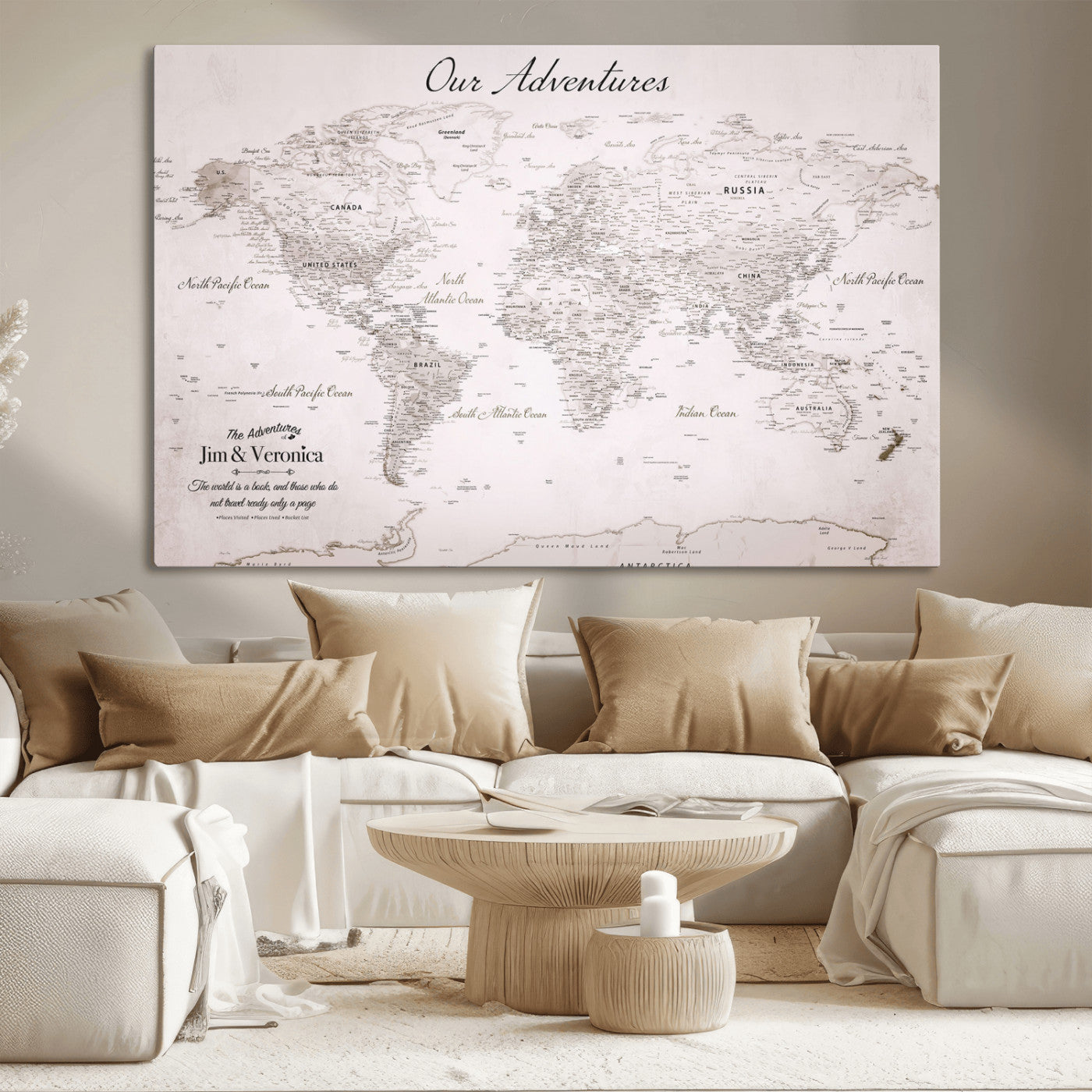 11706567-MGV-CV-36X24-Personalized World Map Wall Art – Minimalist Beige Adventure Travel Map with Custom Names, Elegant Push Pin Canvas for Couples,