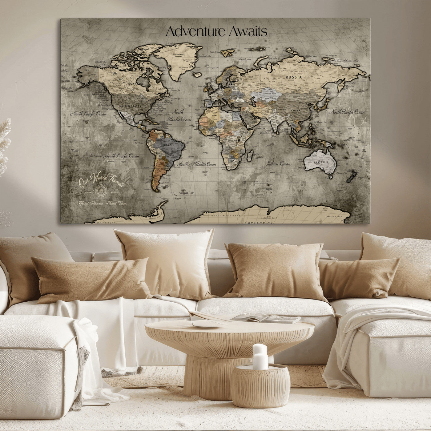 72658967-MGV-CV-36X24-Personalized World Map Wall Art – Adventure Awaits Rustic Sepia Travel Map with Custom Names, Vintage Wall Decor for Couples, Home