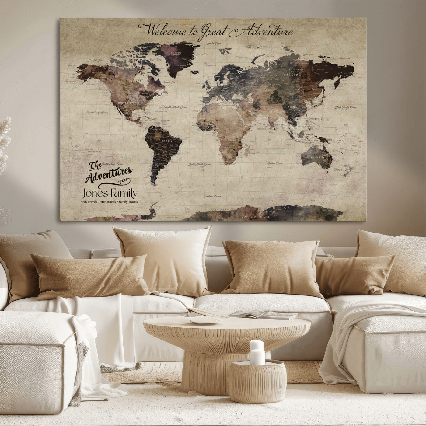 78610079-MGV-CV-36X24-Personalized World Map Wall Art – Vintage Rustic Travel Map with Custom Family Name, Adventure Wall Decor for Home, Family Gift or