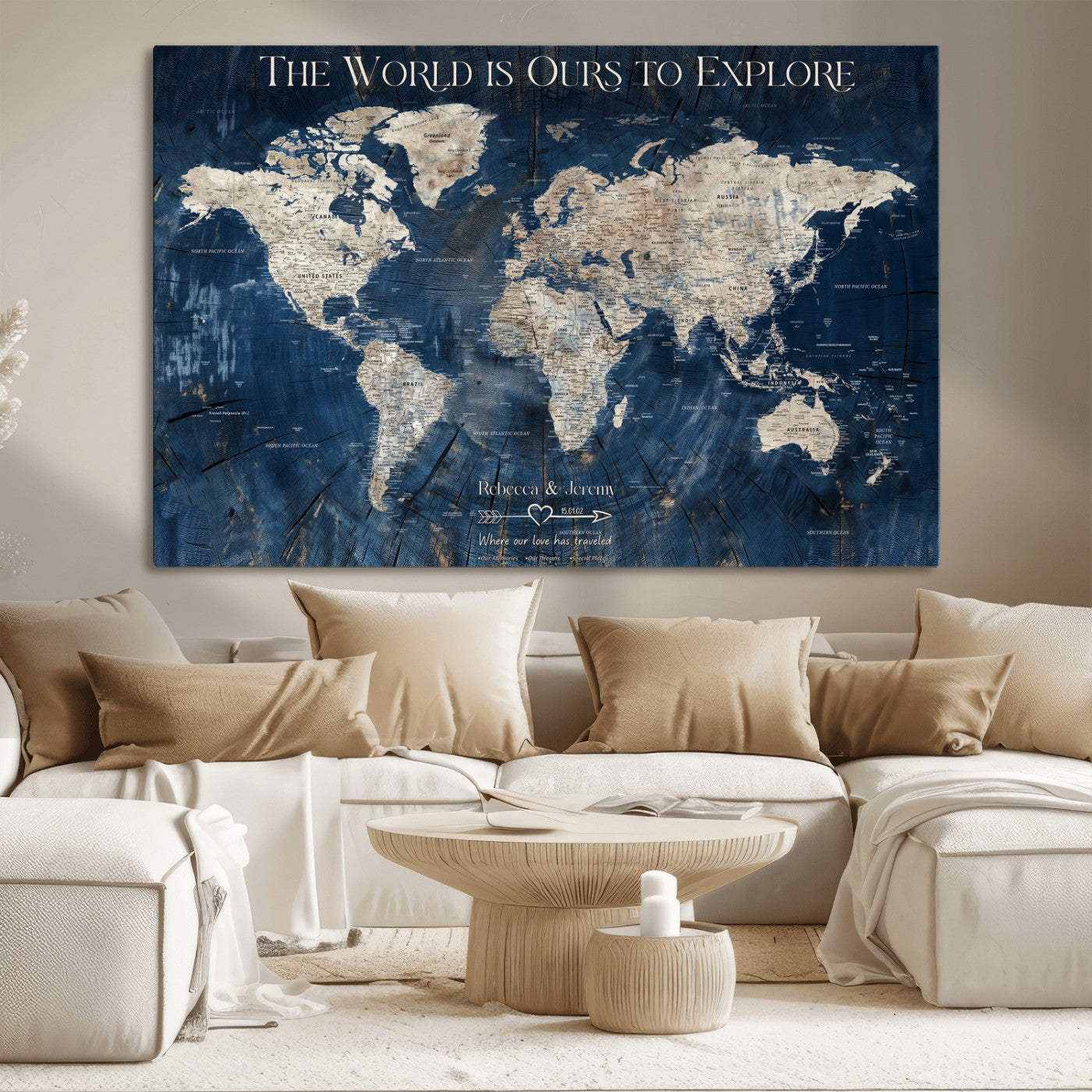16933330-MGV-CV-36X24-Personalized World Map Wall Art – Navy Blue Vintage Travel Map with Custom Names, Anniversary Gift for Couples Romantic Adventure