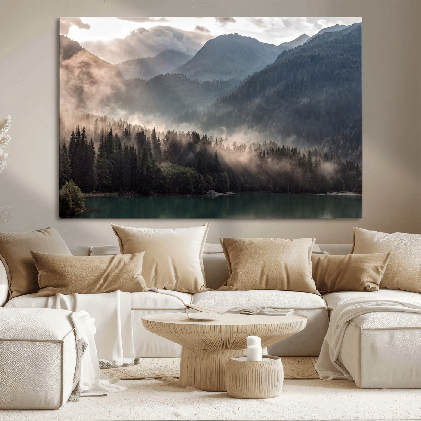 64758-MGV-CV-36X24-Misty Mountains Wall Art Canvas Print, Framed Moody Pines Art Picture Print, Forest Lake Perfect Moody Alpine Decor Artwork