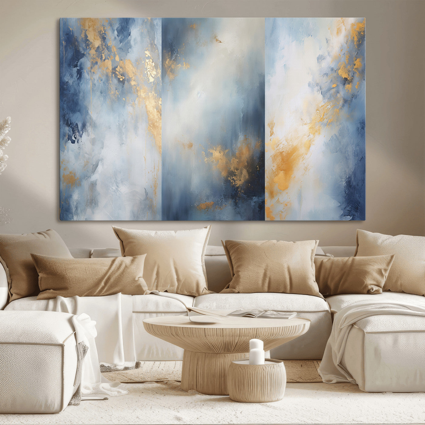 41836-MGV-CV-36X24-Abstract Gold Wall Art Canvas Print, Framed Blue Layers Art Picture Print, Elegant Cloud Perfect Elegant Minimalist Decor Artwork