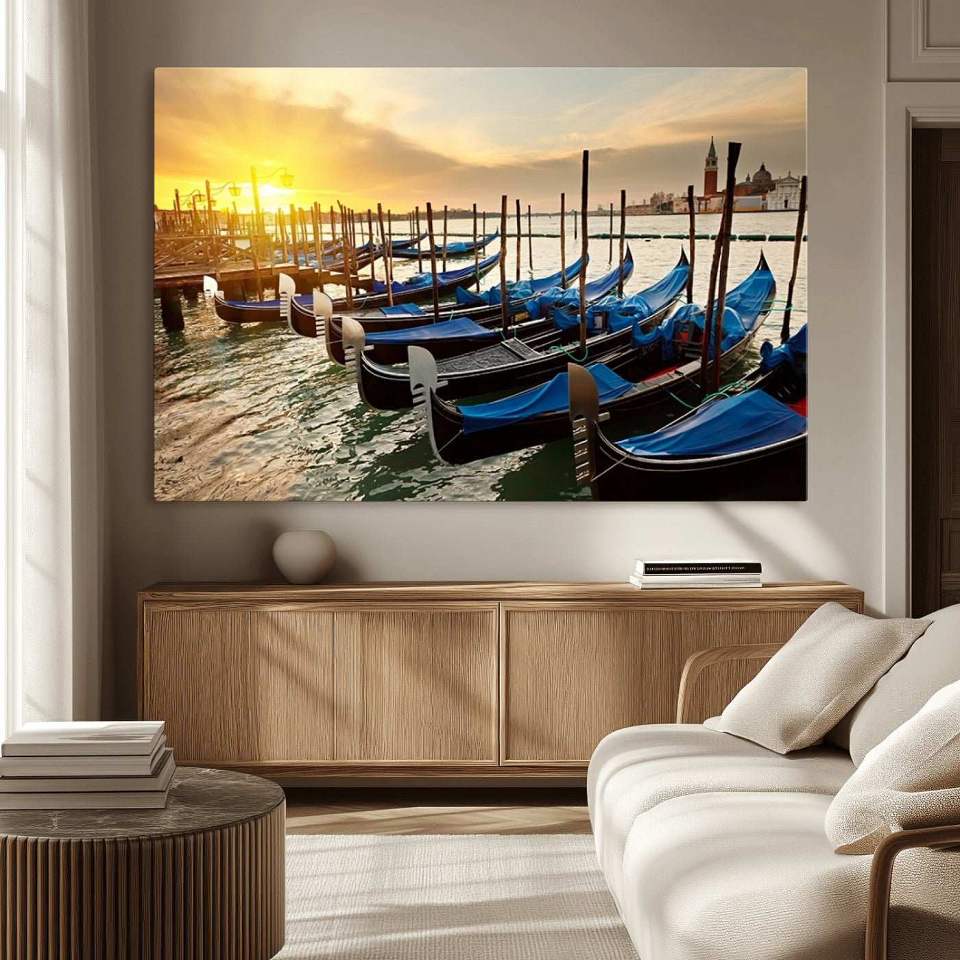 25872-MGV-CV-36X24-Venetian Gondola Dock Wall Art – Serene Sunset Canal Canvas Print, Tranquil Water Travel Decor for Office, Living Room, or Man