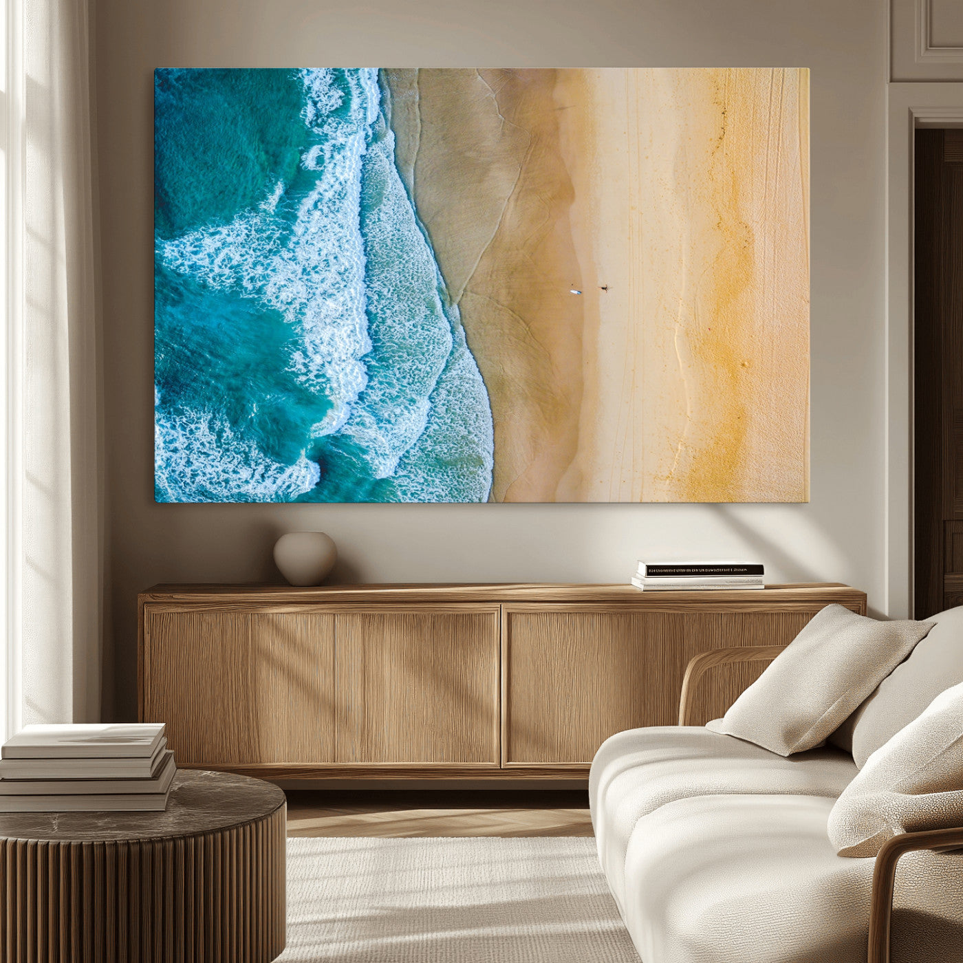 46640-MGV-CV-36X24-Aerial Beach Wall Art – Turquoise Waves and Golden Sand Canvas Print with Lone Surfer, Coastal Ocean Decor for Living Room,