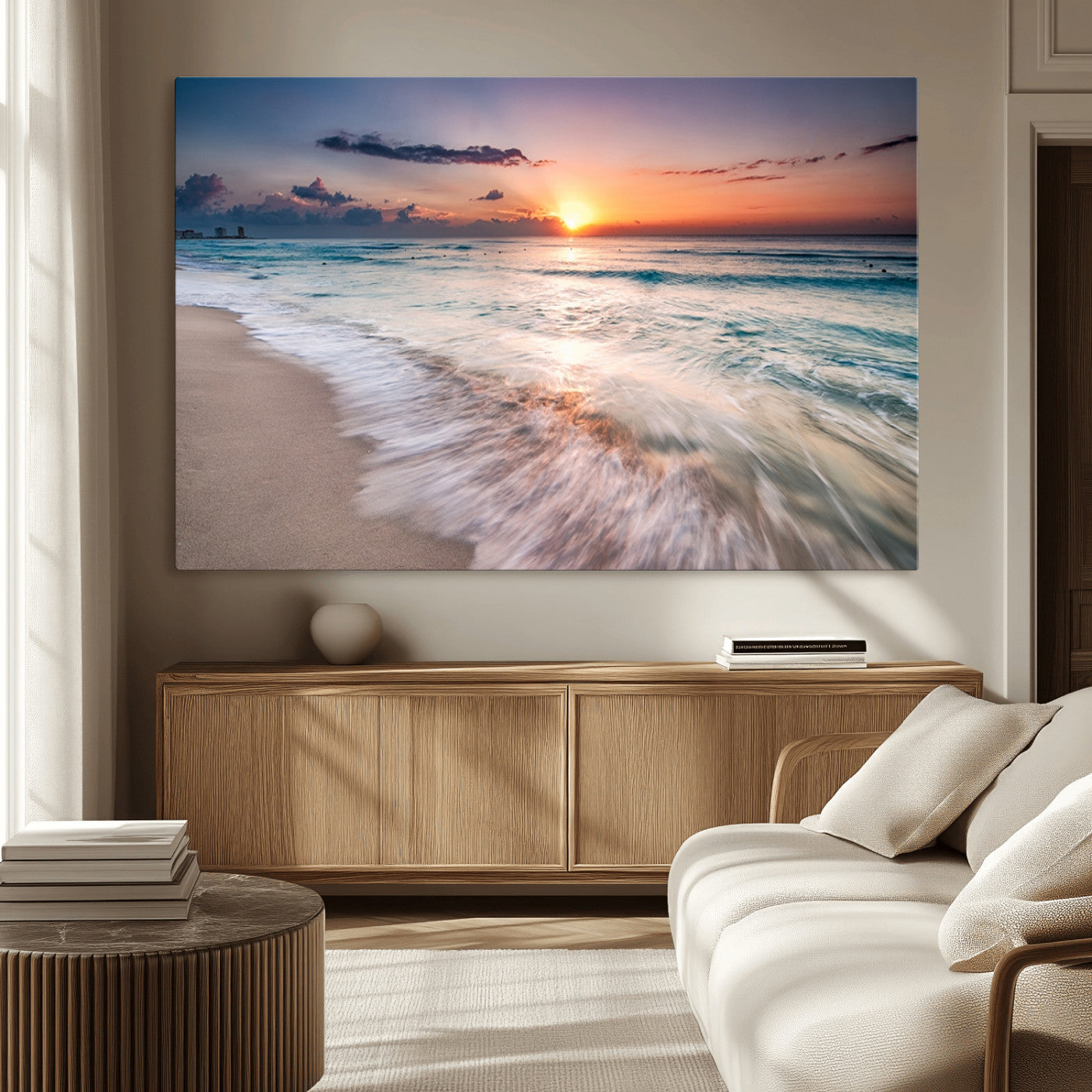 71849-MGV-CV-36X24-Sunrise Ocean Beach Wall Art – Serene Seascape Canvas Print with Gentle Waves, Coastal Nature Decor for Bedroom, Living Room or
