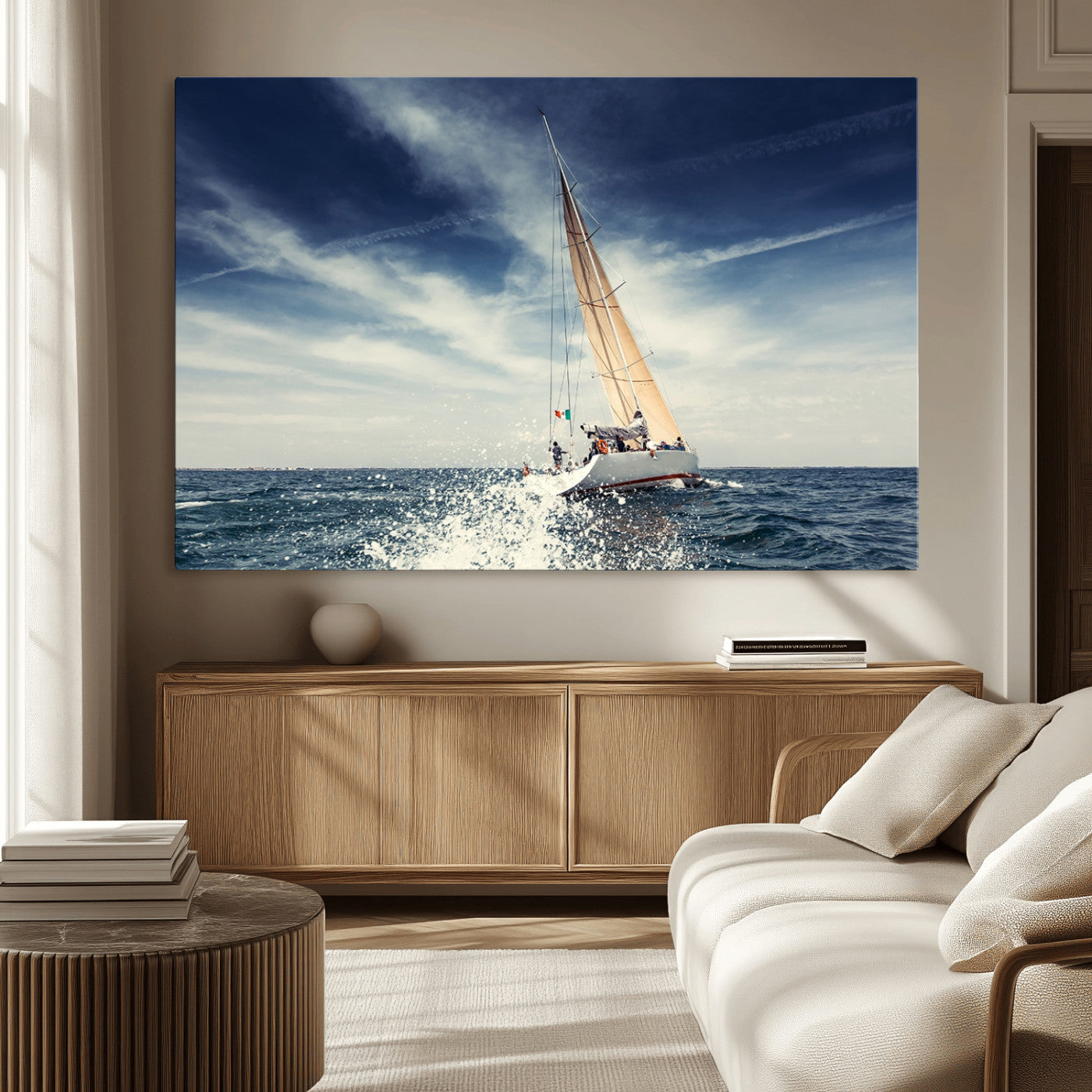 75430-MGV-CV-36X24-Sailing Boat Wall Art – Dynamic Ocean Yacht Canvas Print, Nautical Decor for Living Room, Office, Beach House or Cabin