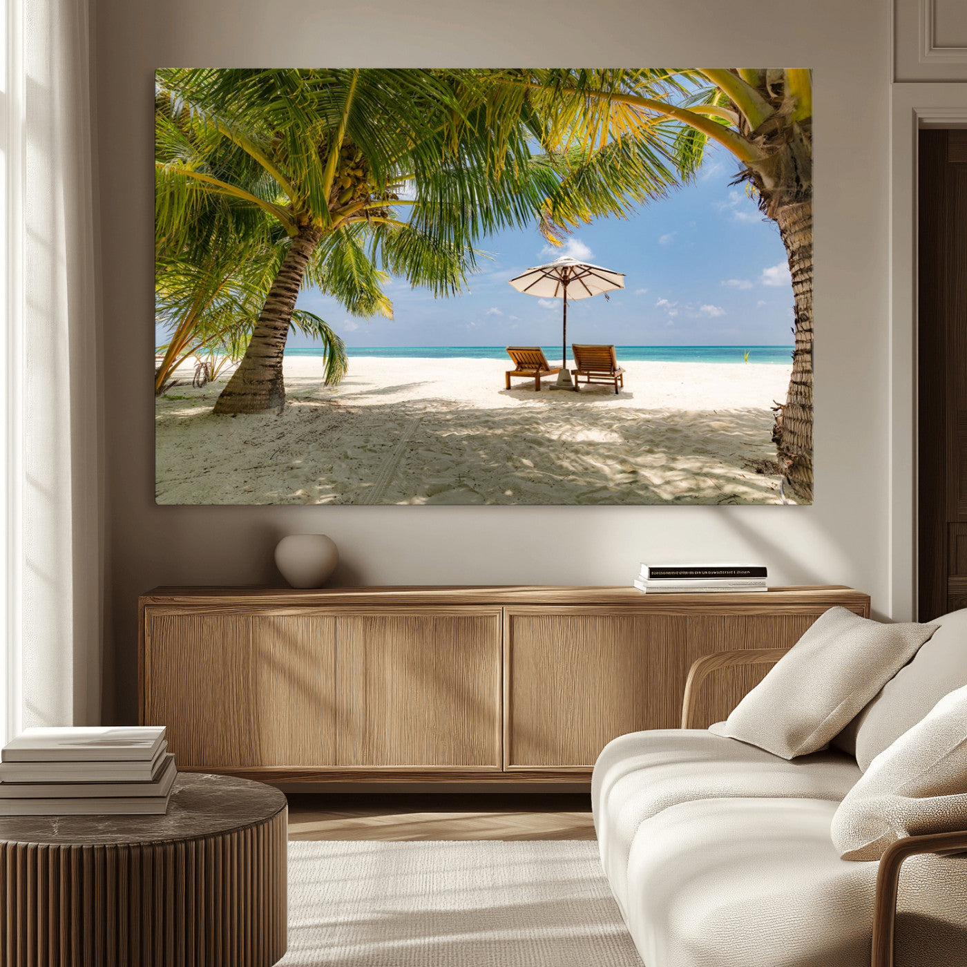 83601-MGV-CV-36X24-Tropical Beach Wall Art – Serene Palm Trees and Lounge Chairs Canvas Print, Relaxing Coastal Decor for Living Room, Bedroom or