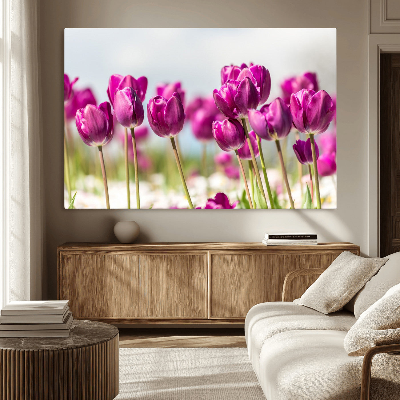 30632-MGV-CV-36X24-Purple Tulip Field Wall Art – Beautiful Spring Flowers Canvas Print with Soft Focus and Bright Sky, Ideal Floral Decor for Home or