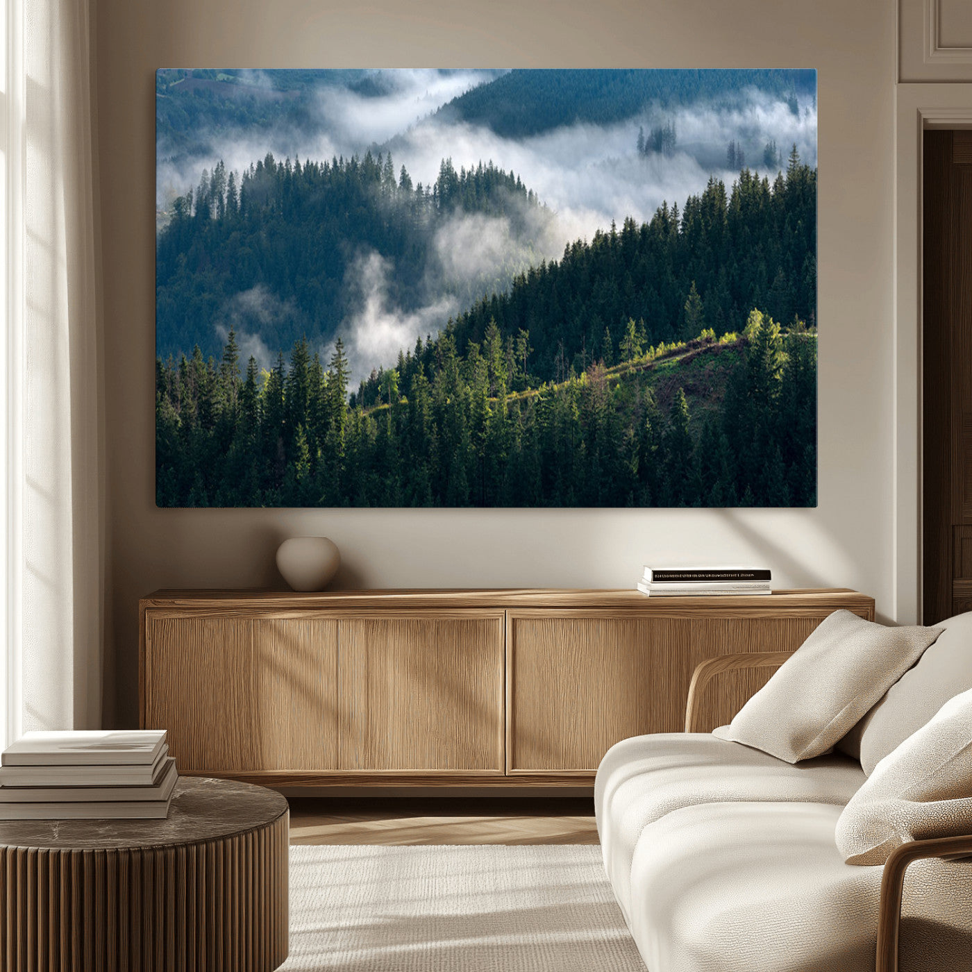 55972-MGV-CV-36X24-Whispering Pines Wall Art – Panoramic Misty Forest Canvas Print, Serene Nature Decor for Home, Office or Cabin Retreat