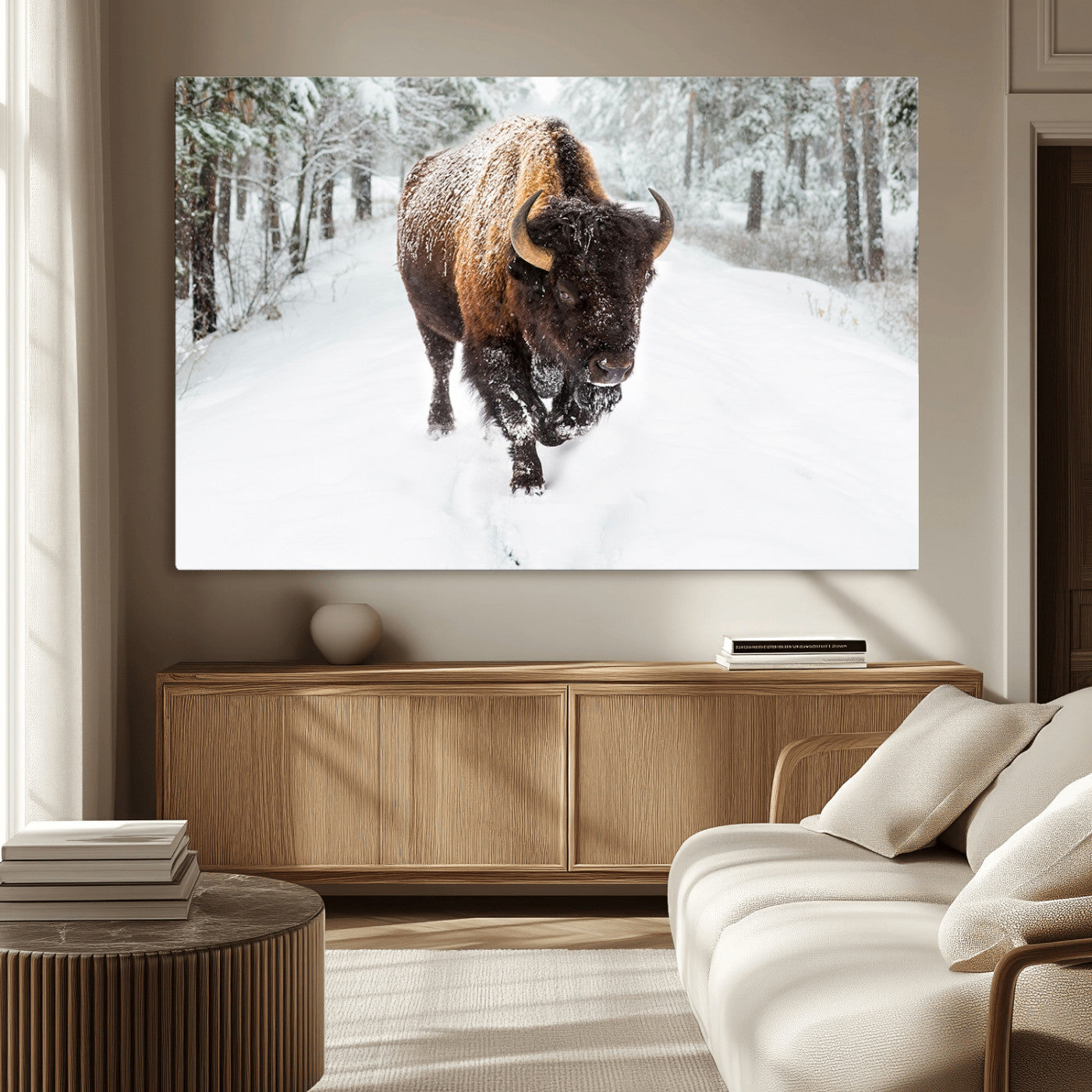 84699-MGV-CV-36X24-Bison in Winter Wall Art – Majestic Buffalo Canvas Print with Snowy Forest Landscape, Rustic Wildlife Artwork for Cabin, Living