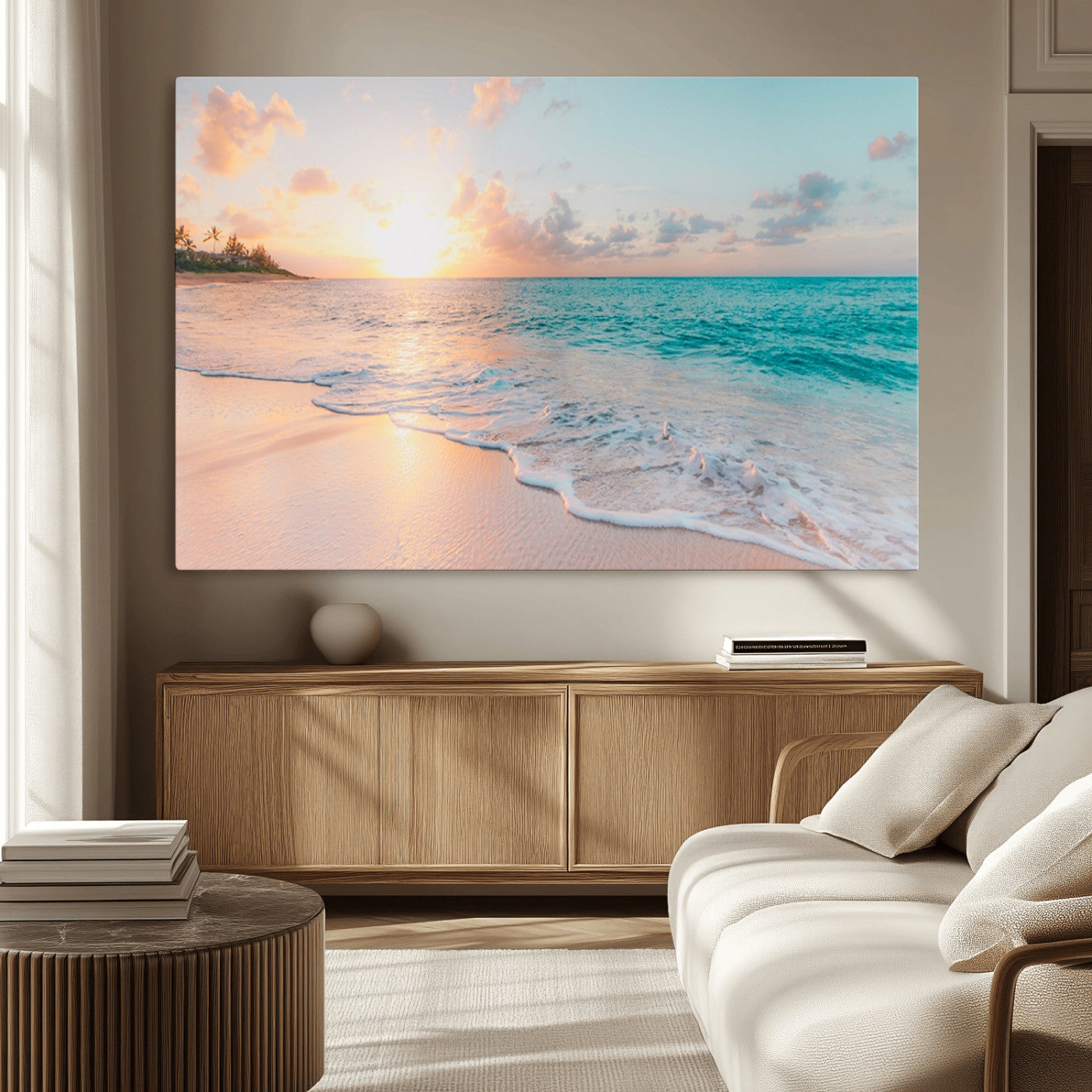 89767-MGV-CV-36X24-Ocean Sunset Wall Art – Serene Beach Canvas Print with Pastel Sky and Waves, Coastal Seascape Artwork for Bedroom, Living Room, or
