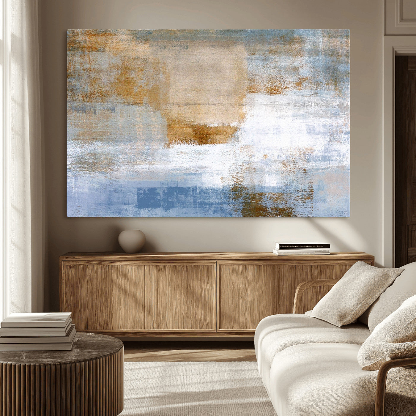 72354-MGV-CV-36X24-Blue and Gold Abstract Wall Art – Modern Minimalist Canvas Print, Textured Contemporary Painting for Living Room, Bedroom, or