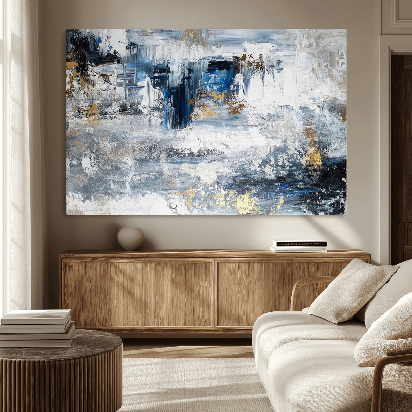 59716-MGV-CV-36X24-Abstract Blue and Gold Wall Art – Modern Textured Canvas Print, Contemporary Painting for Living Room, Bedroom, or Office Decor