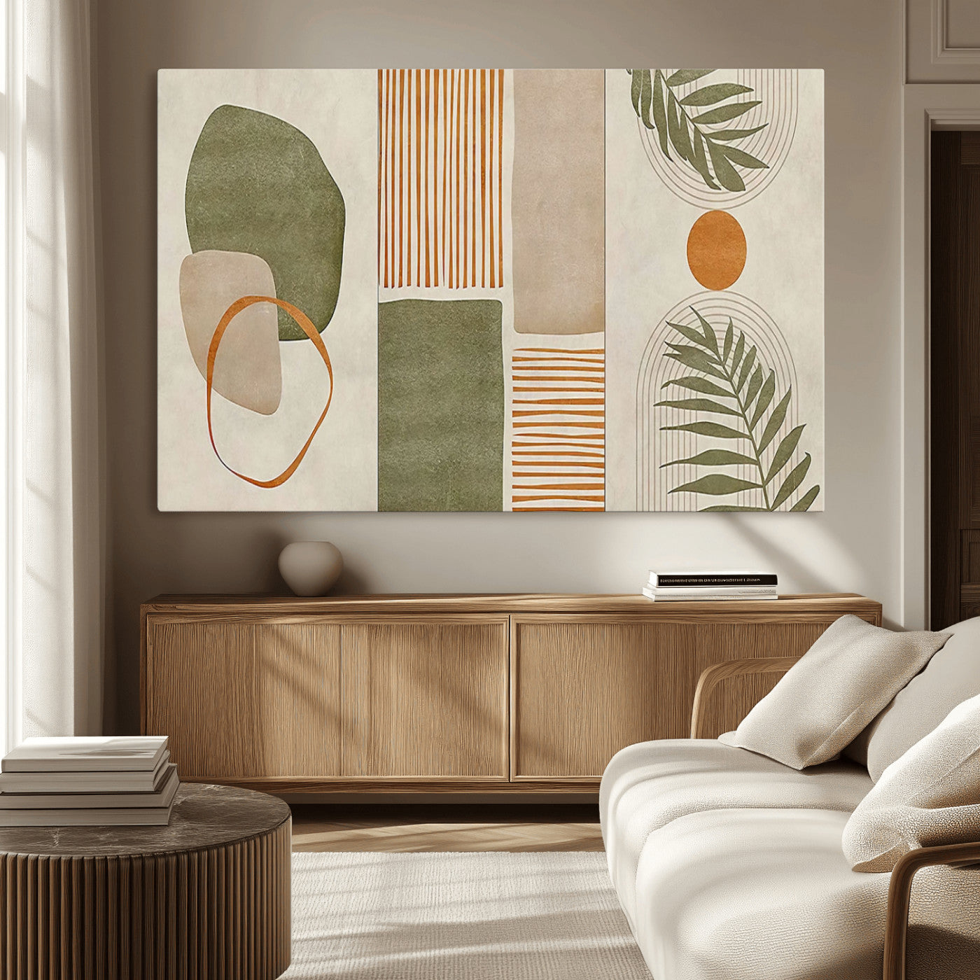 96002-MGV-CV-36X24-Abstract Geometric Wall Art – Modern Canvas Print with Green, Orange & Beige Shapes, Minimalist Home Decor for Living Room, Office