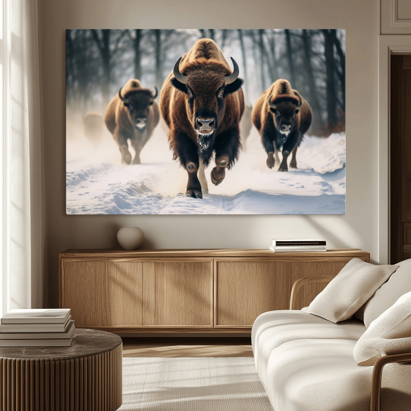 56549-MGV-CV-36X24-Wild Bison Wall Art – Majestic Buffalo Herd Running in Snow Canvas Print, Rustic Wildlife Photography Decor for Cabin, Lodge, or