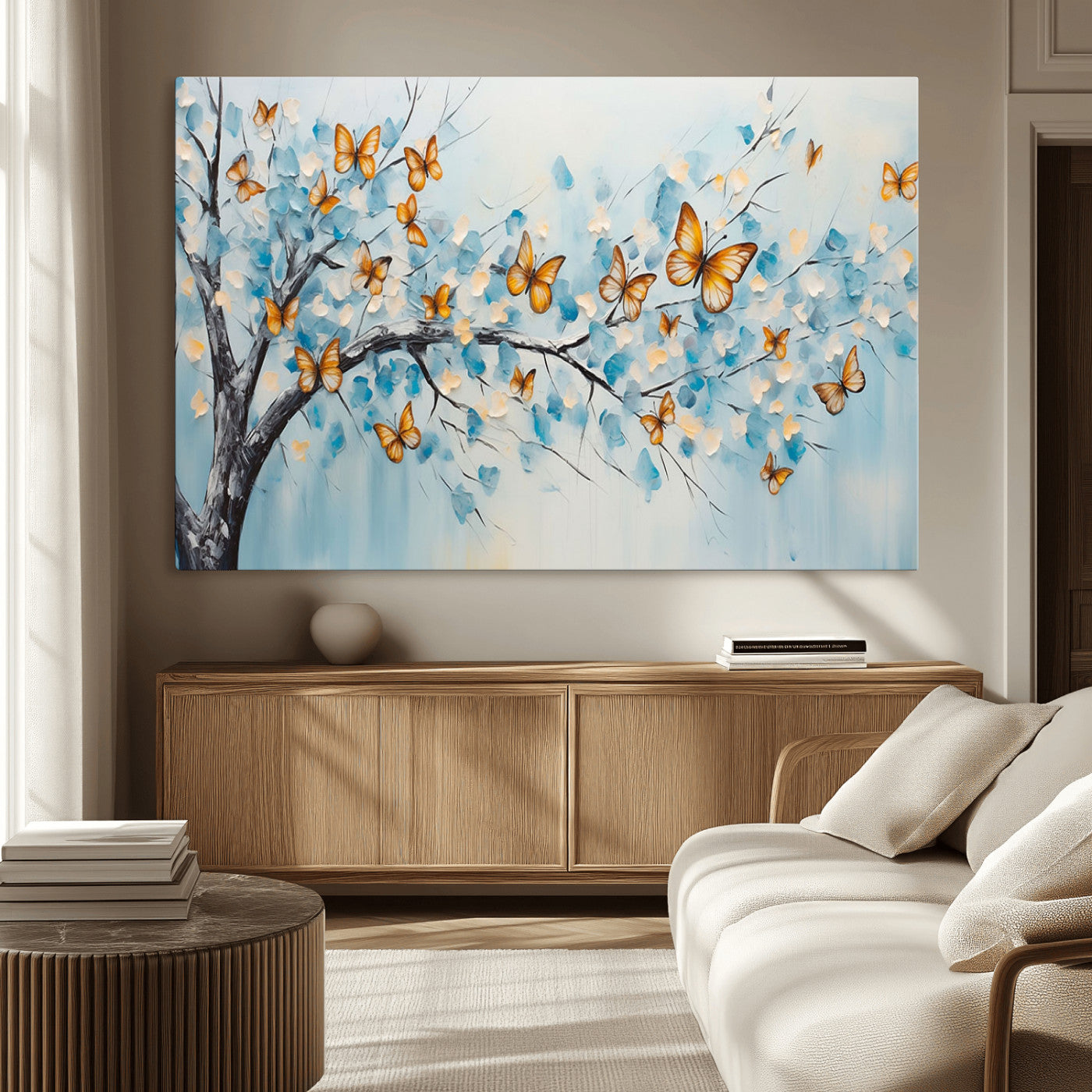 59455-MGV-CV-36X24-Butterfly Tree Branch Wall Art – Blue and Yellow Abstract Canvas Print, Modern Nature Artwork for Living Room, Bedroom or Office