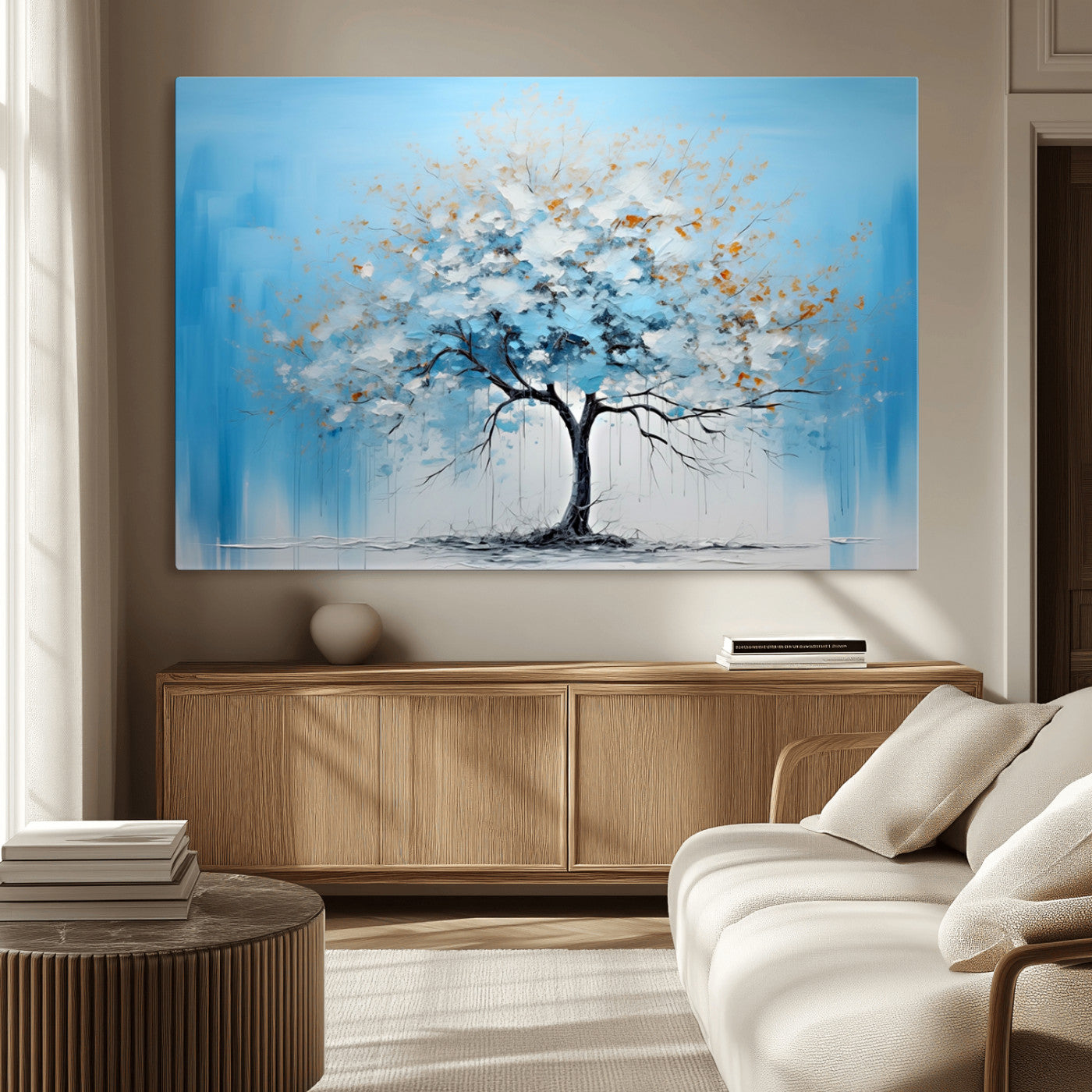 25021-MGV-CV-36X24-Abstract Tree Wall Art – Blue and White Canvas Painting with Gold Accents, Modern Nature-Inspired Artwork for Living Room, Bedroom
